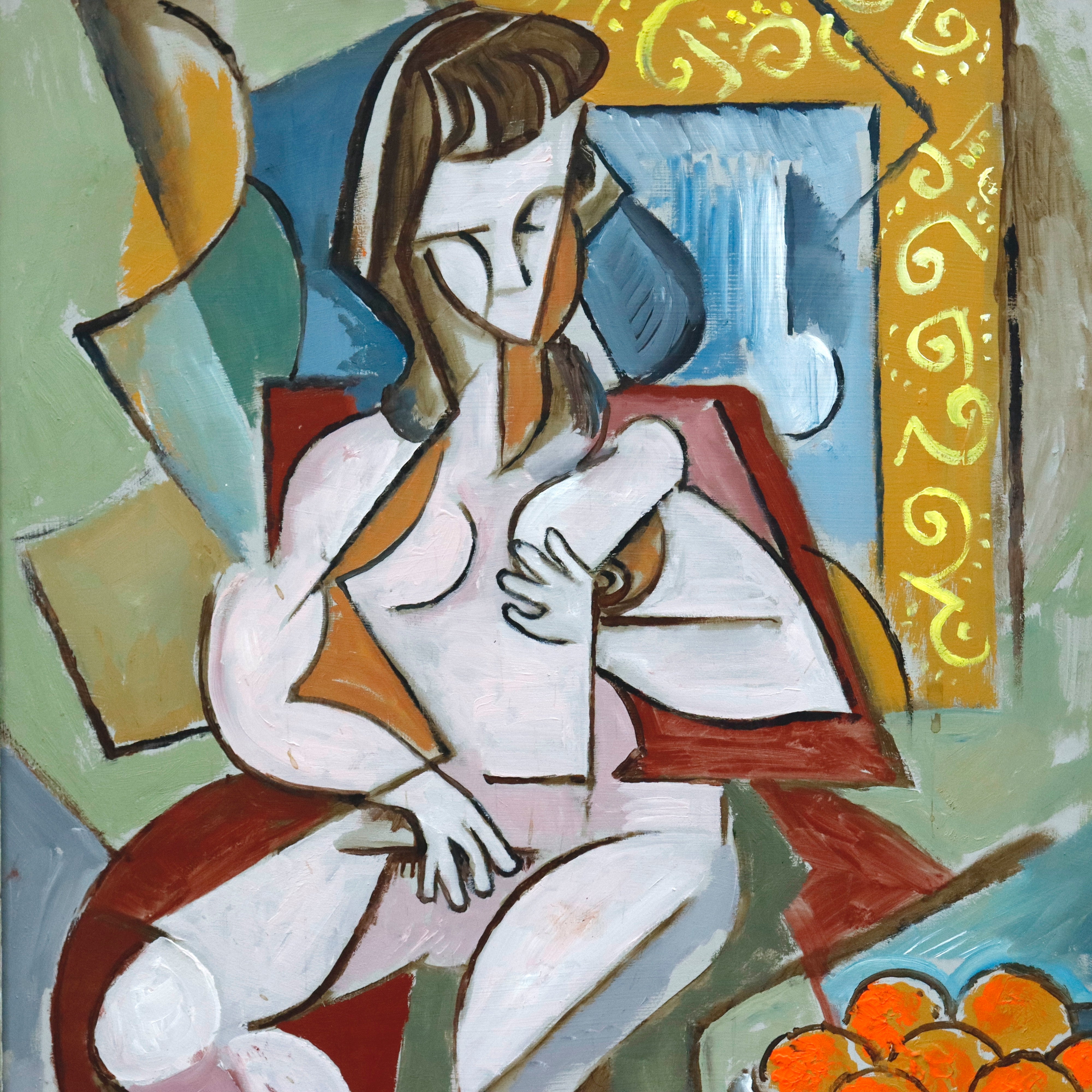 AW311: Anton Brzezinski Cubist Oil on Board Painting Woman With Oranges Circa 2006