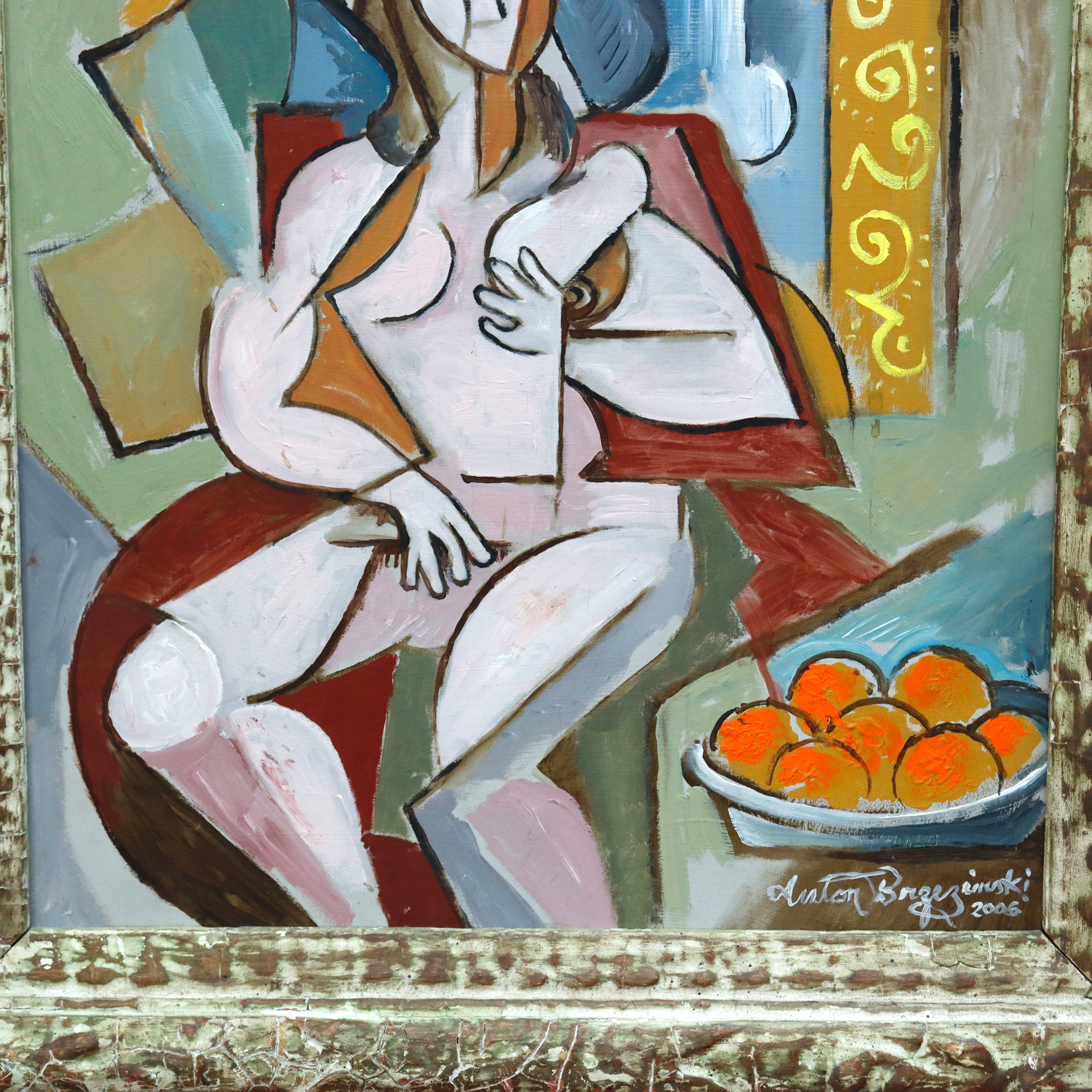 AW311: Anton Brzezinski Cubist Oil on Board Painting Woman With Oranges Circa 2006
