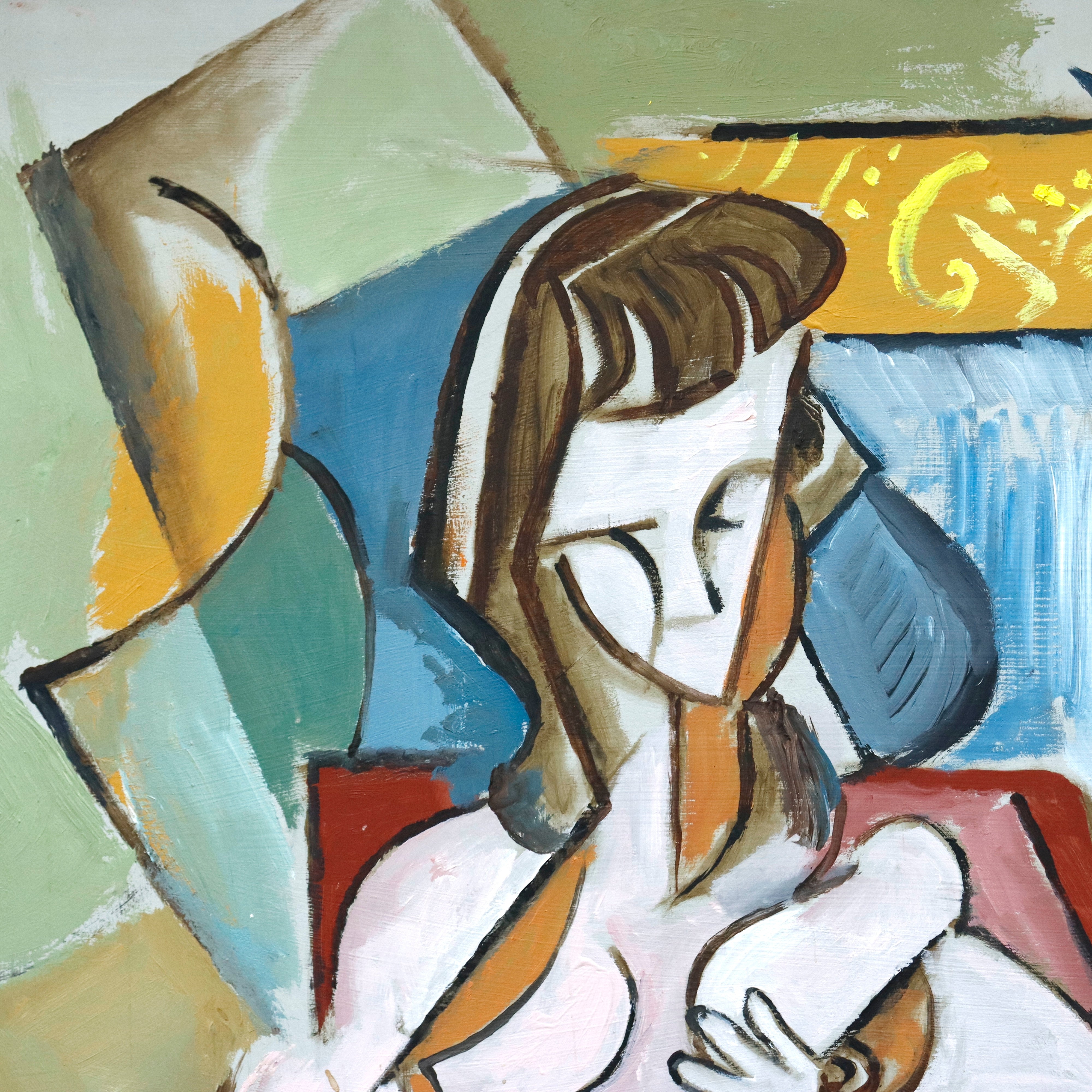 AW311: Anton Brzezinski Cubist Oil on Board Painting Woman With Oranges Circa 2006
