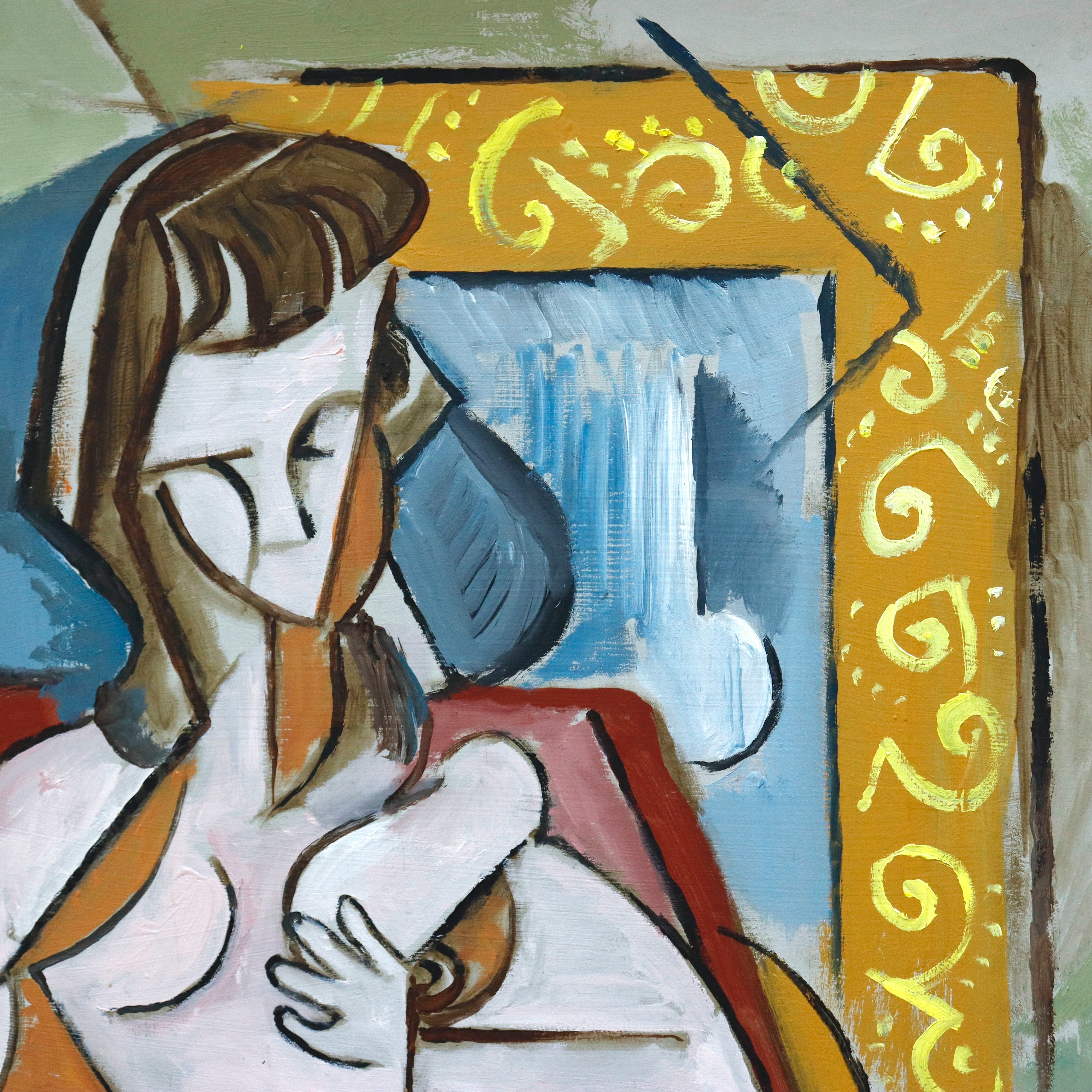 AW311: Anton Brzezinski Cubist Oil on Board Painting Woman With Oranges Circa 2006