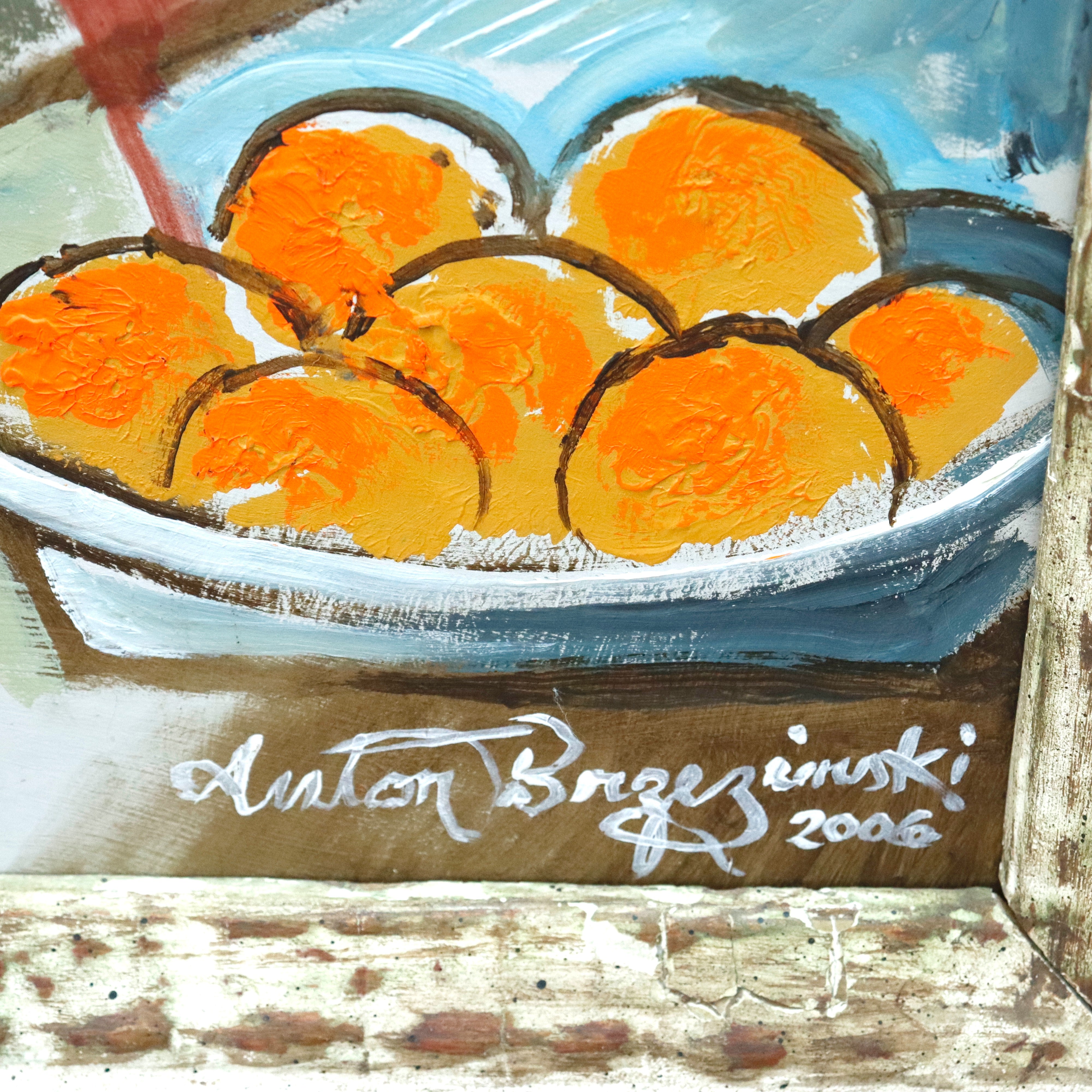 AW311: Anton Brzezinski Cubist Oil on Board Painting Woman With Oranges Circa 2006