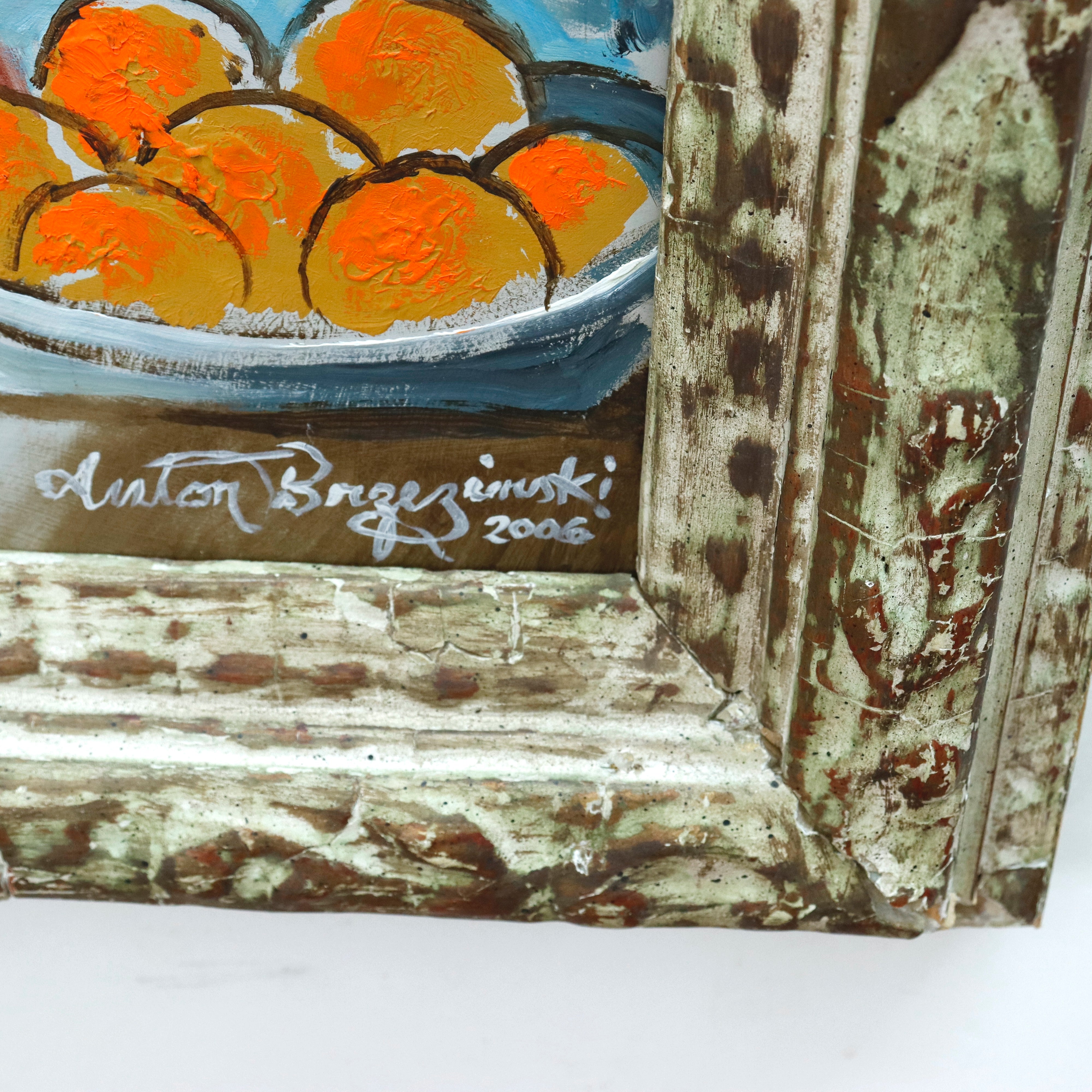 AW311: Anton Brzezinski Cubist Oil on Board Painting Woman With Oranges Circa 2006