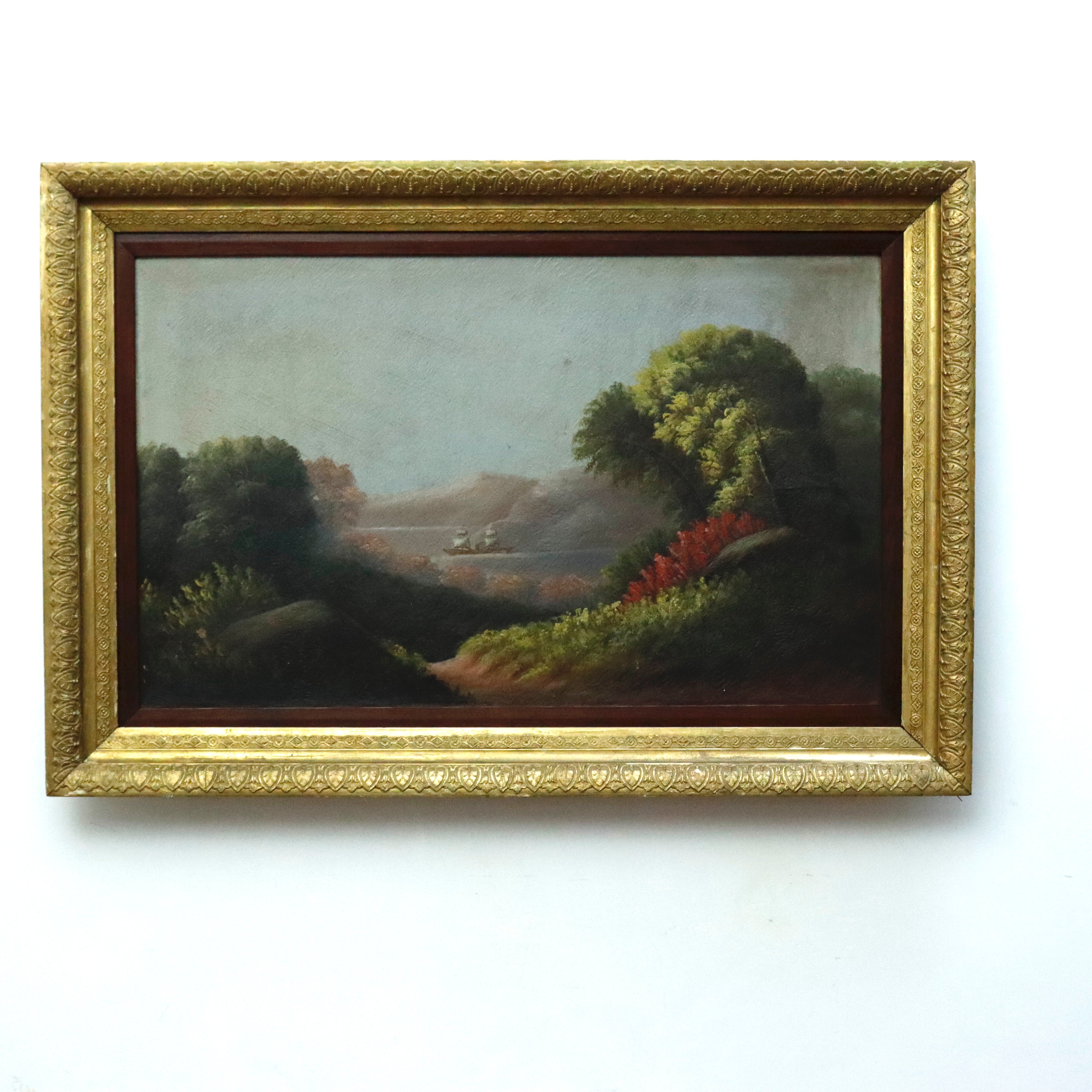 AW086: Hudson River American School River Landscape Oil on Canvas Painting Mid 19th Century