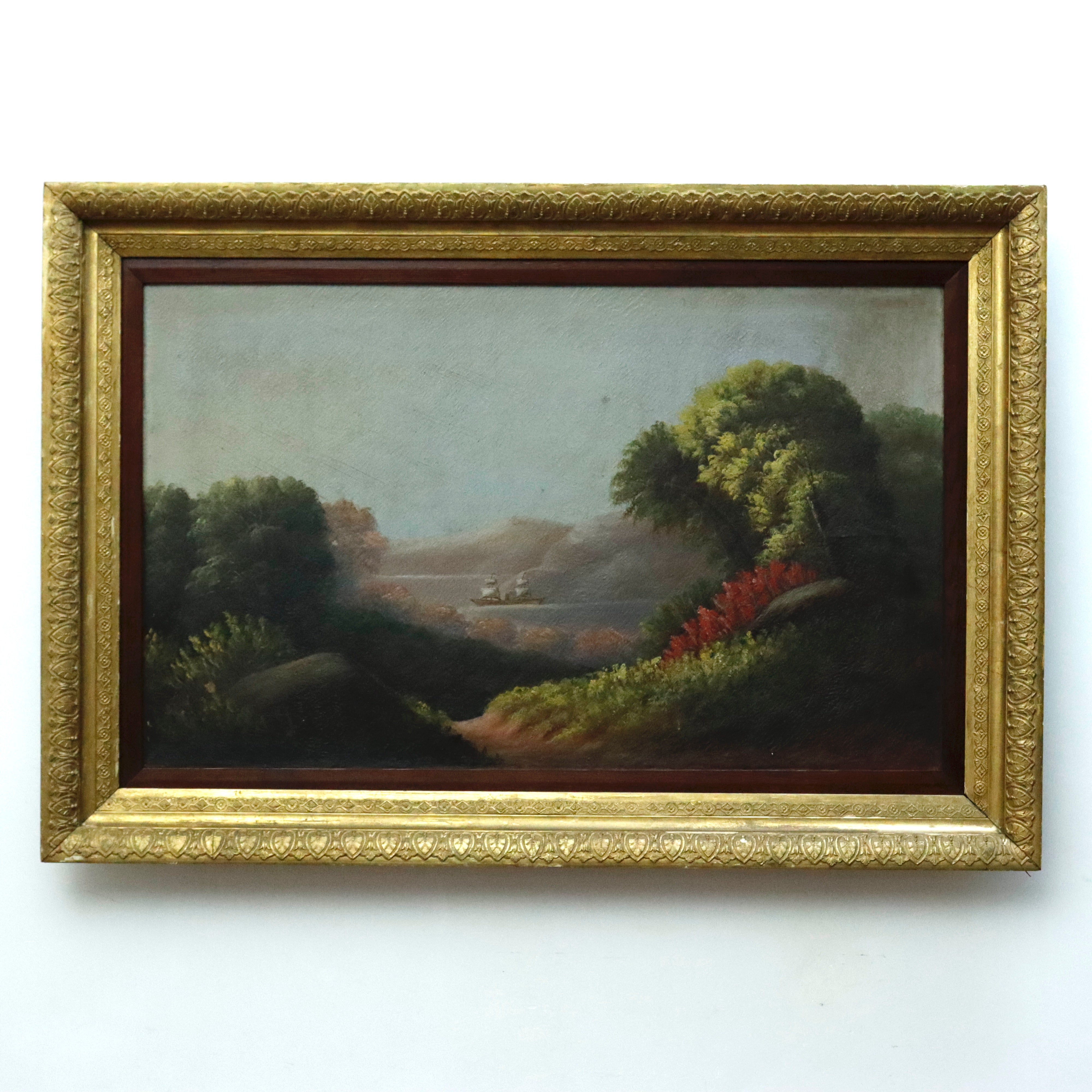 AW086: Hudson River American School River Landscape Oil on Canvas Painting Mid 19th Century