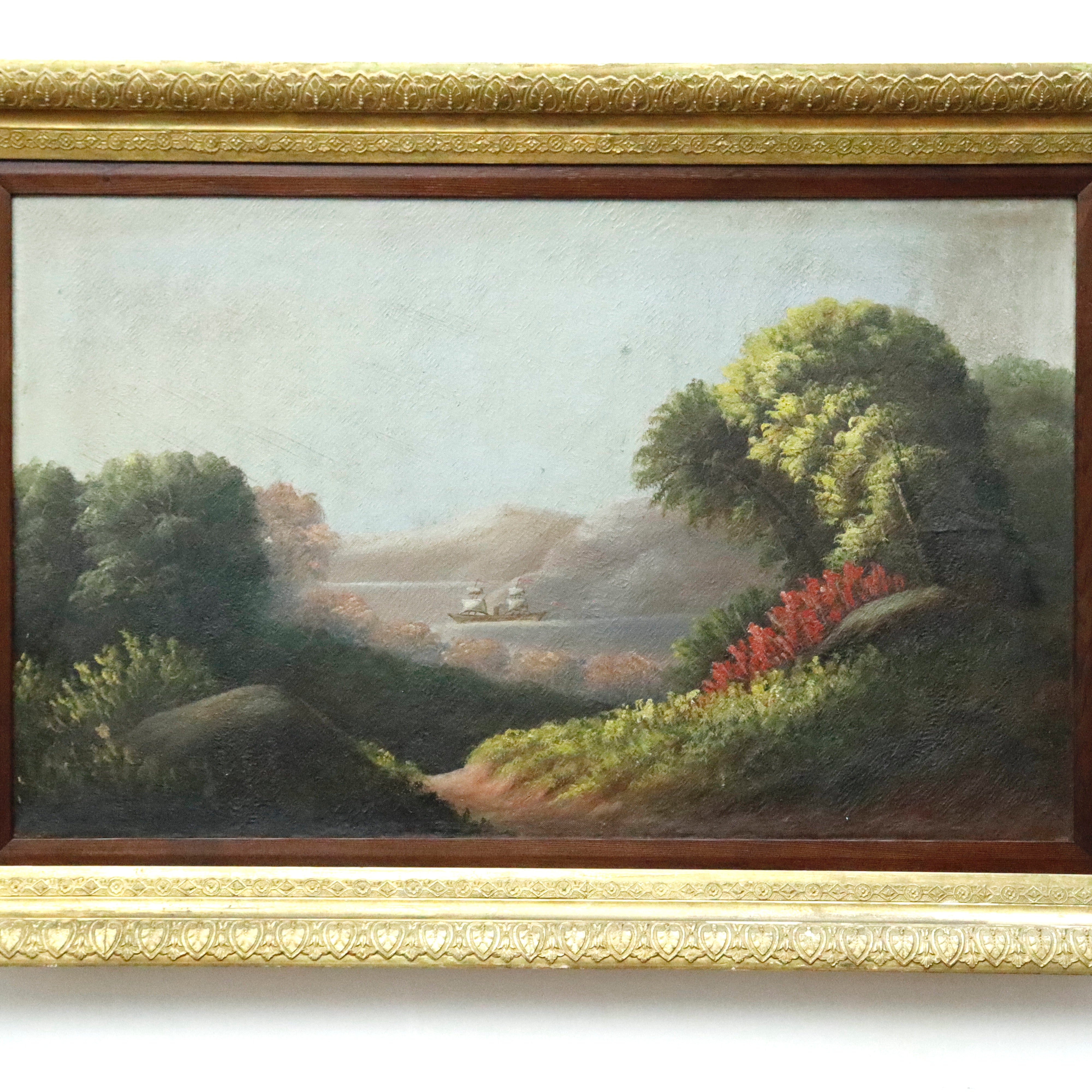 AW086: Hudson River American School River Landscape Oil on Canvas Painting Mid 19th Century