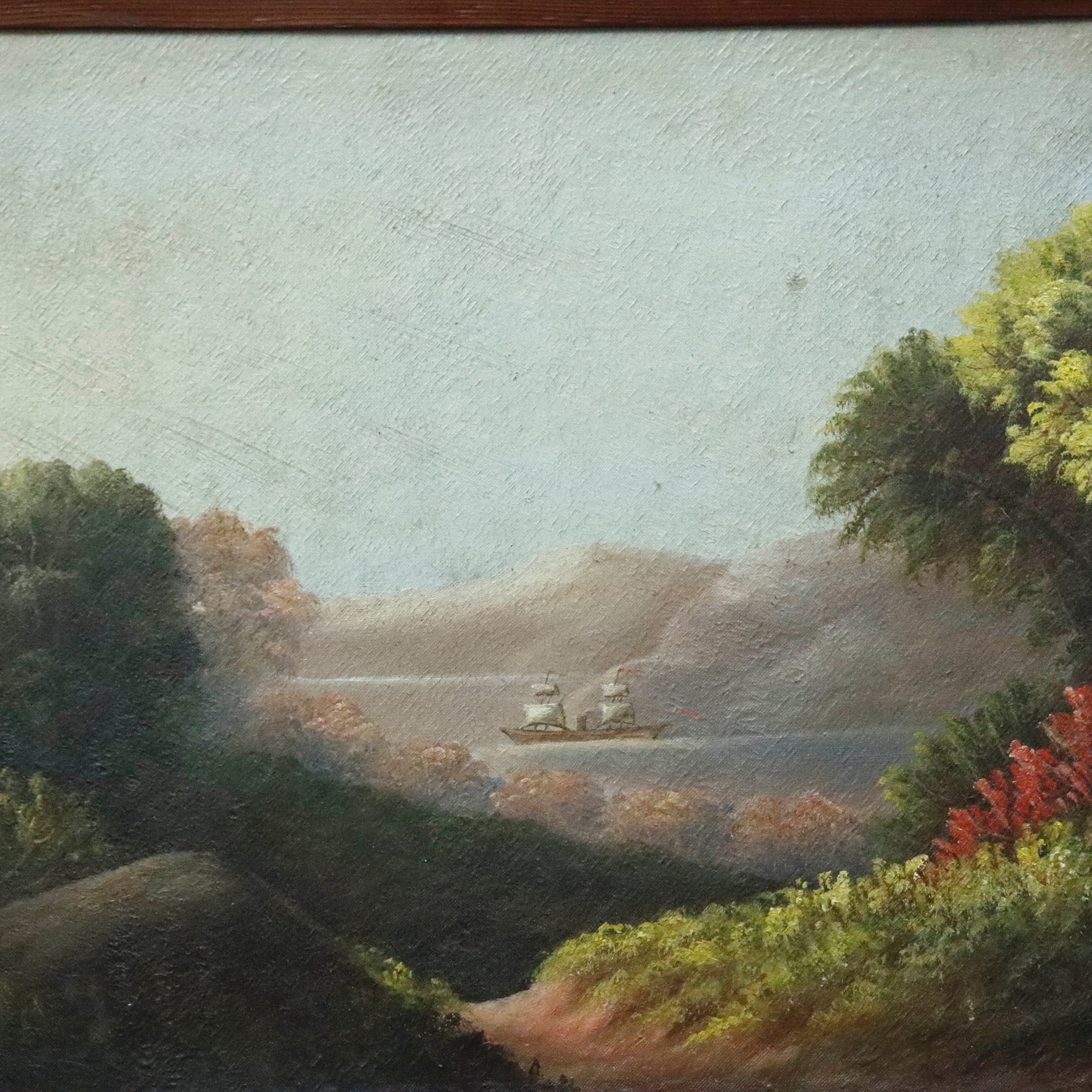AW086: Hudson River American School River Landscape Oil on Canvas Painting Mid 19th Century
