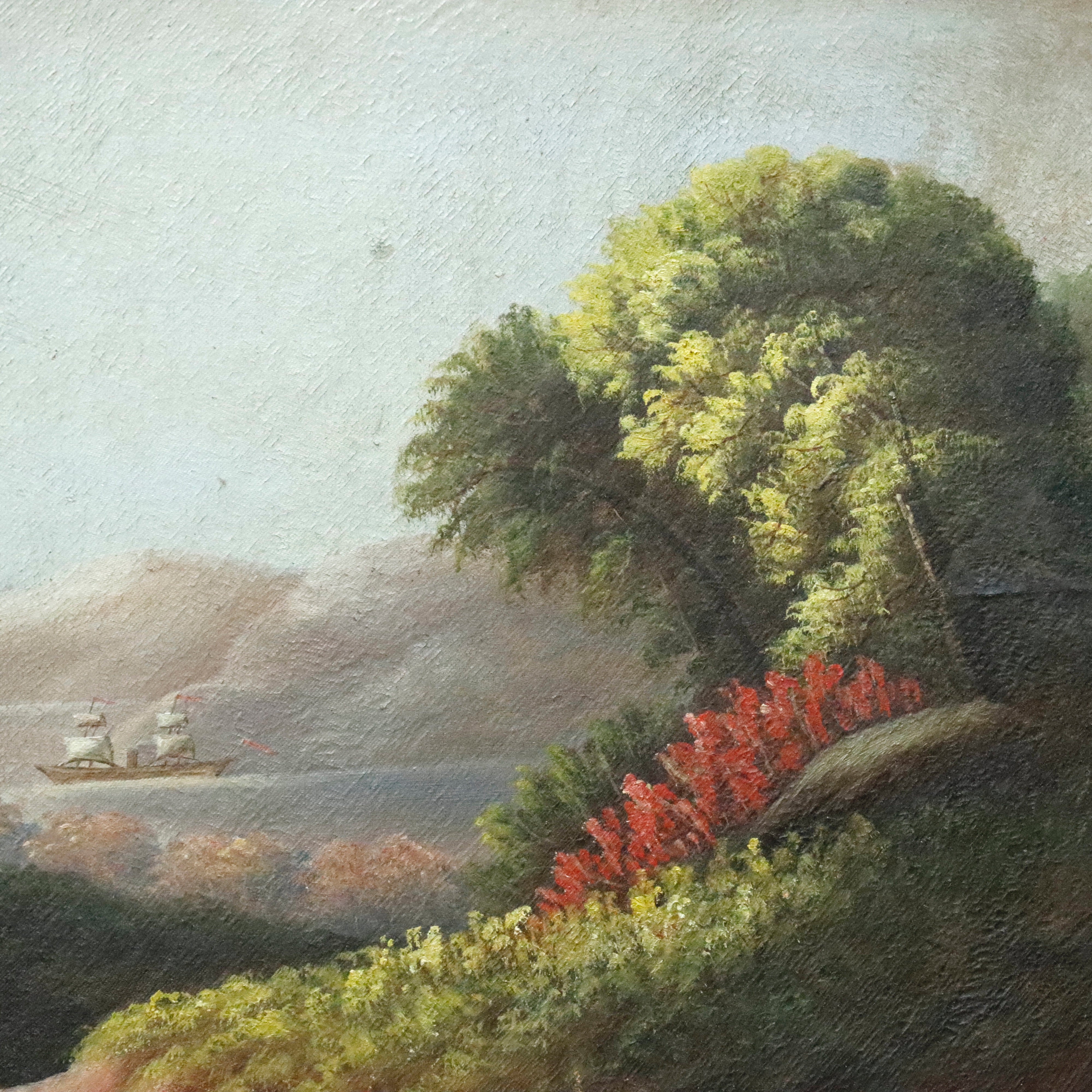 AW086: Hudson River American School River Landscape Oil on Canvas Painting Mid 19th Century