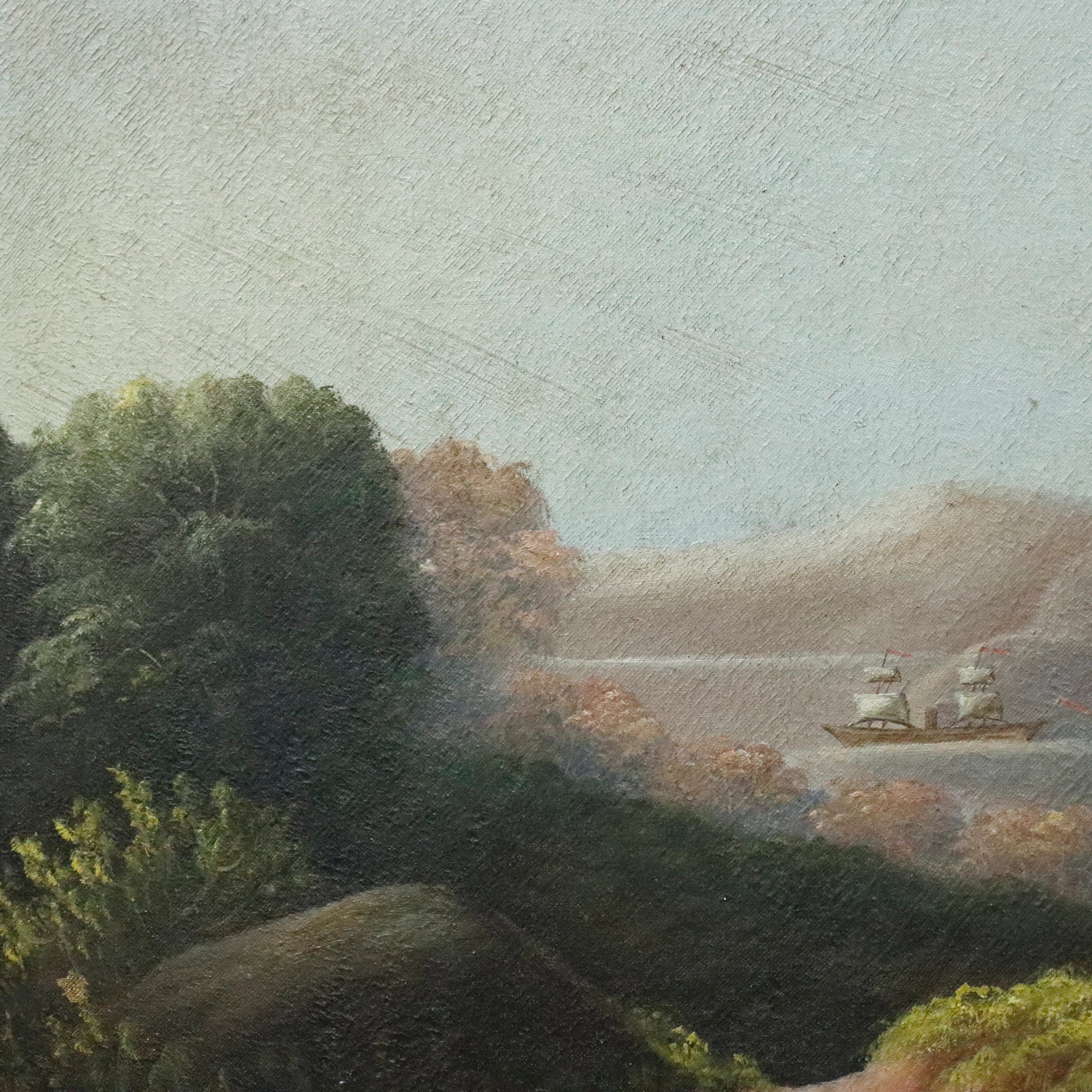 AW086: Hudson River American School River Landscape Oil on Canvas Painting Mid 19th Century