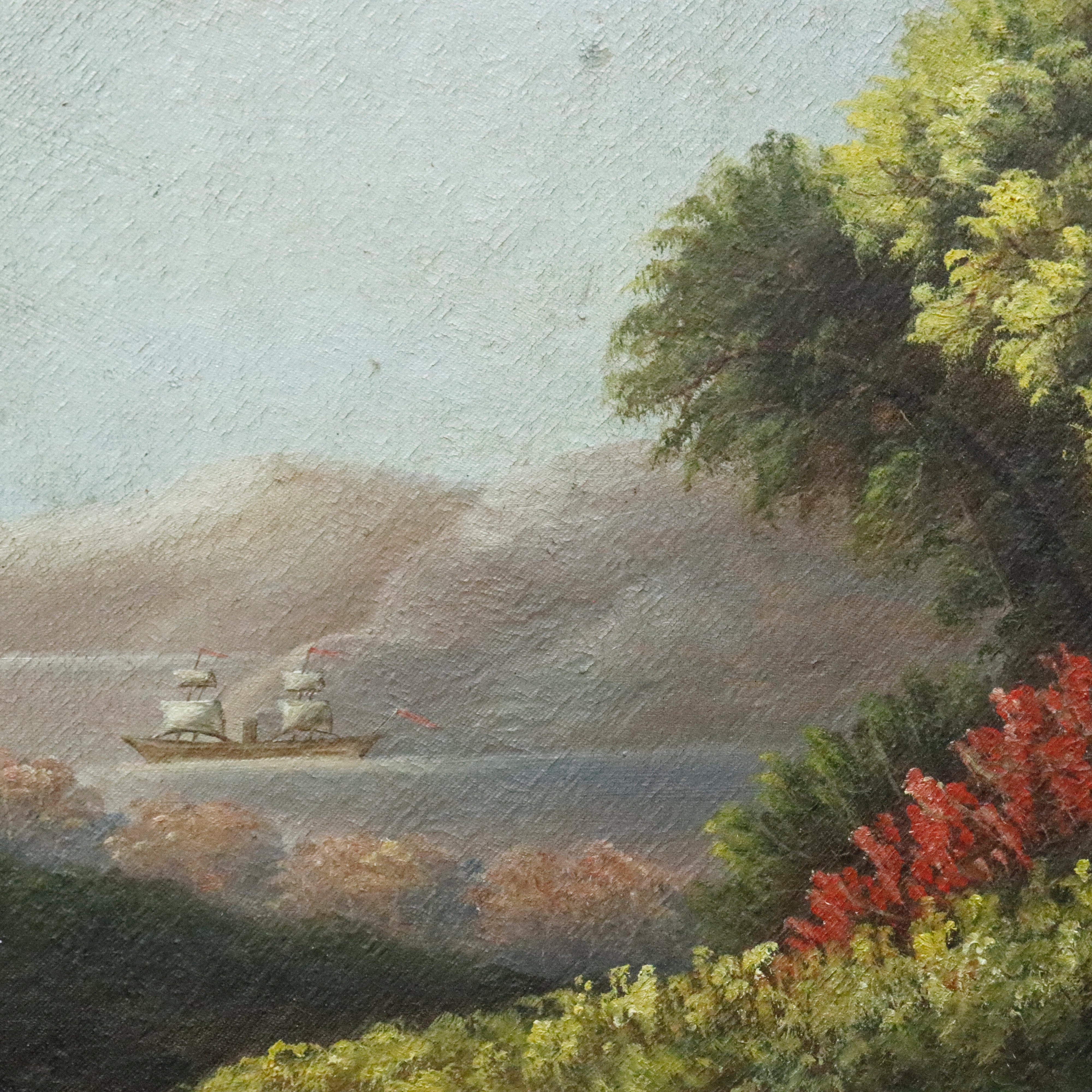 AW086: Hudson River American School River Landscape Oil on Canvas Painting Mid 19th Century