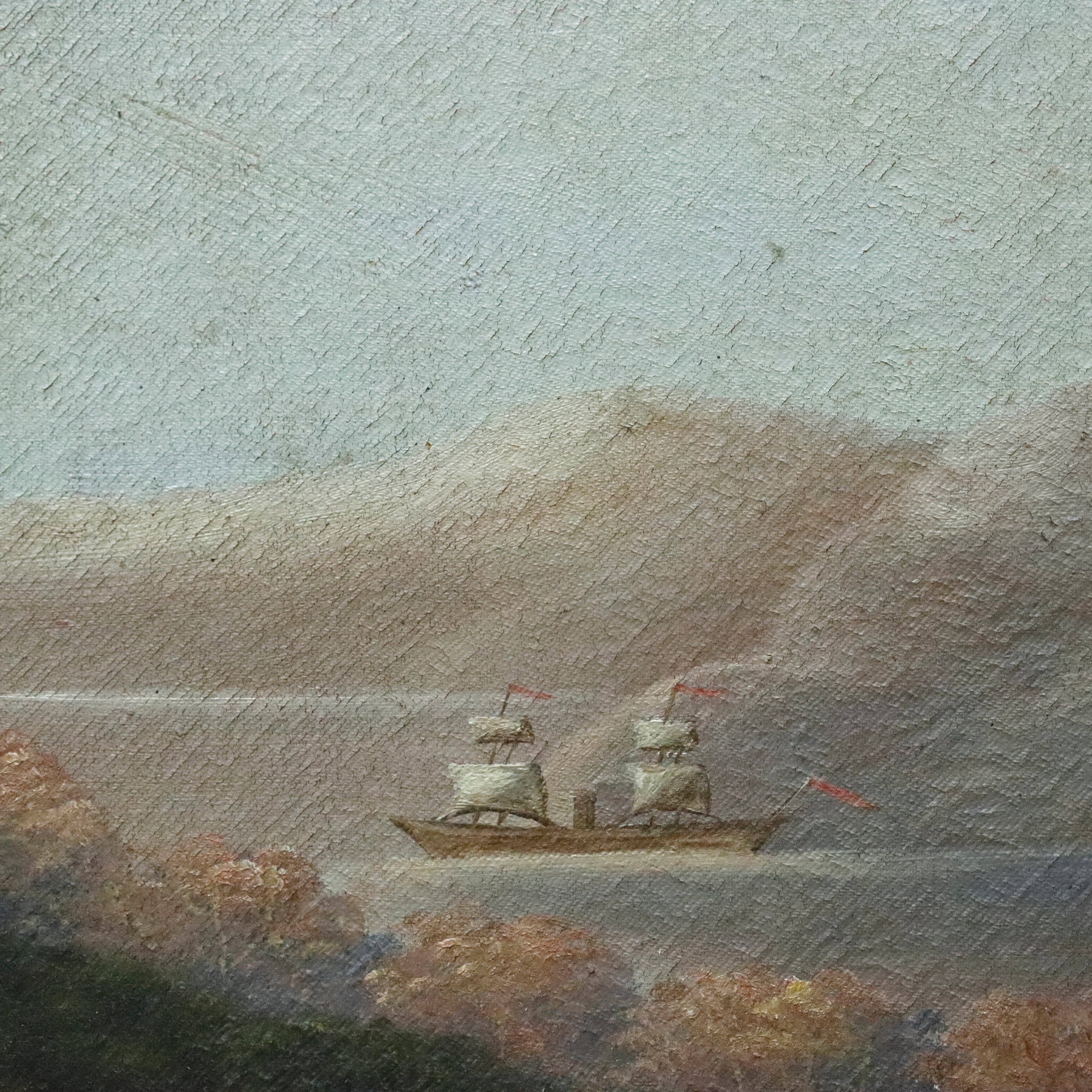 AW086: Hudson River American School River Landscape Oil on Canvas Painting Mid 19th Century