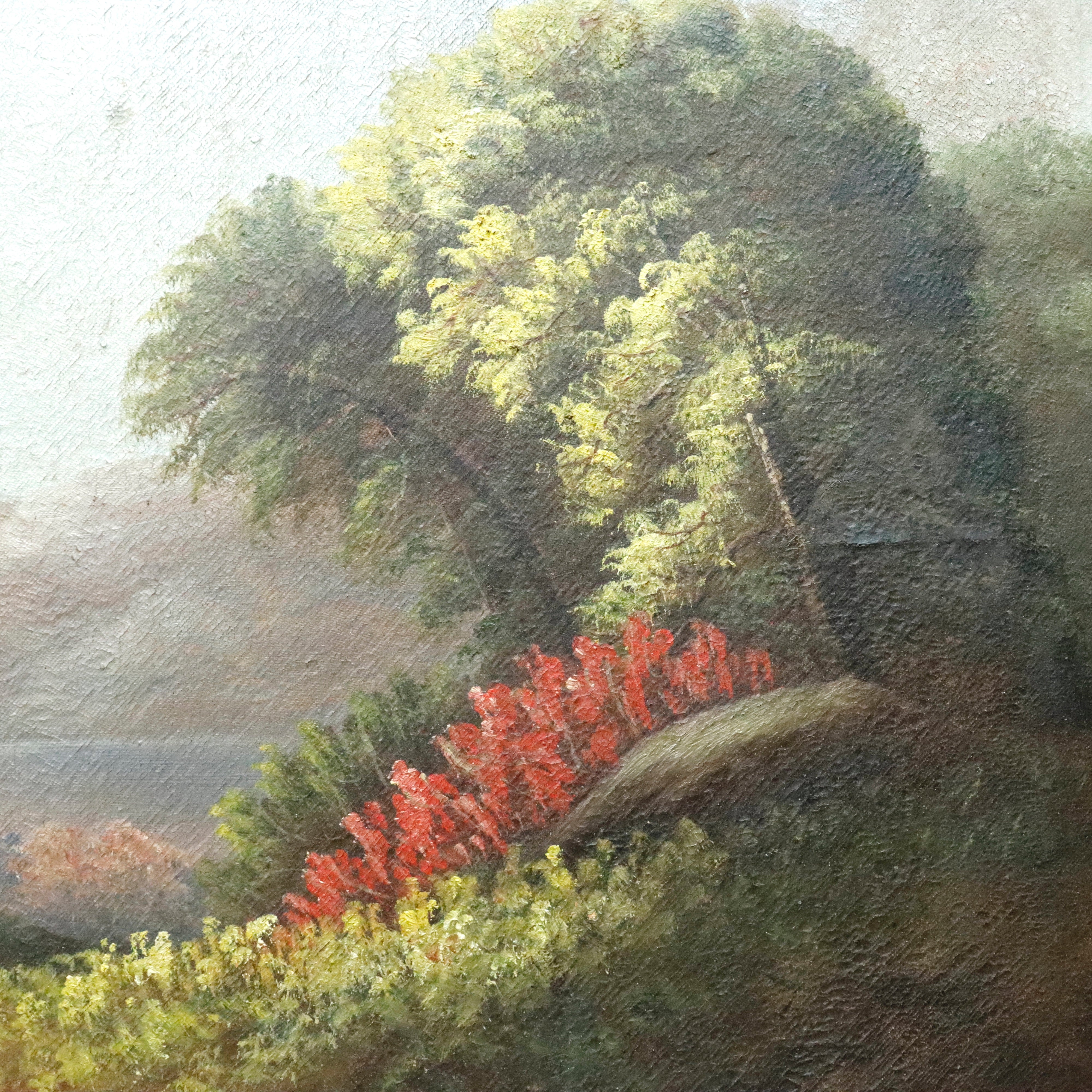 AW086: Hudson River American School River Landscape Oil on Canvas Painting Mid 19th Century