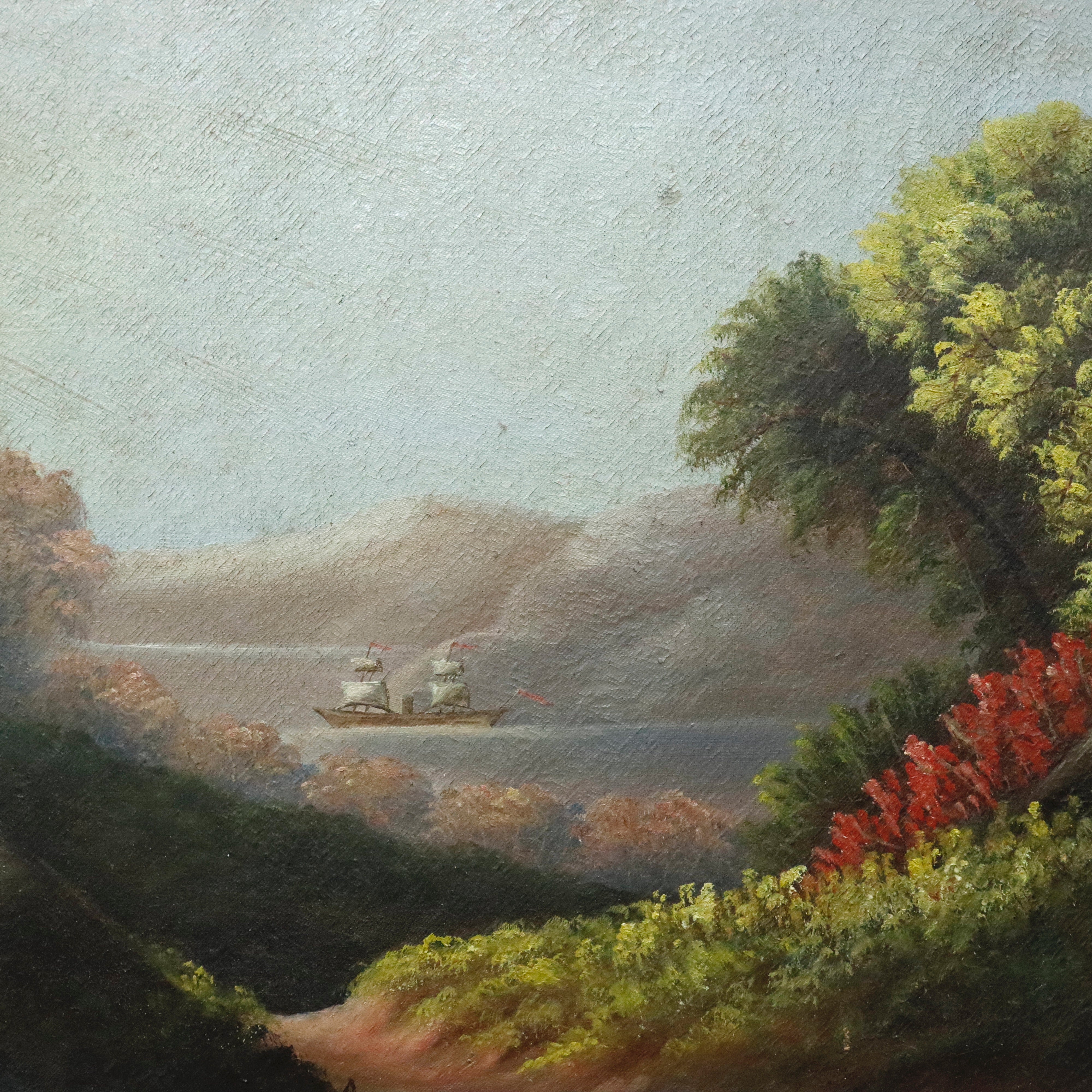 AW086: Hudson River American School River Landscape Oil on Canvas Painting Mid 19th Century
