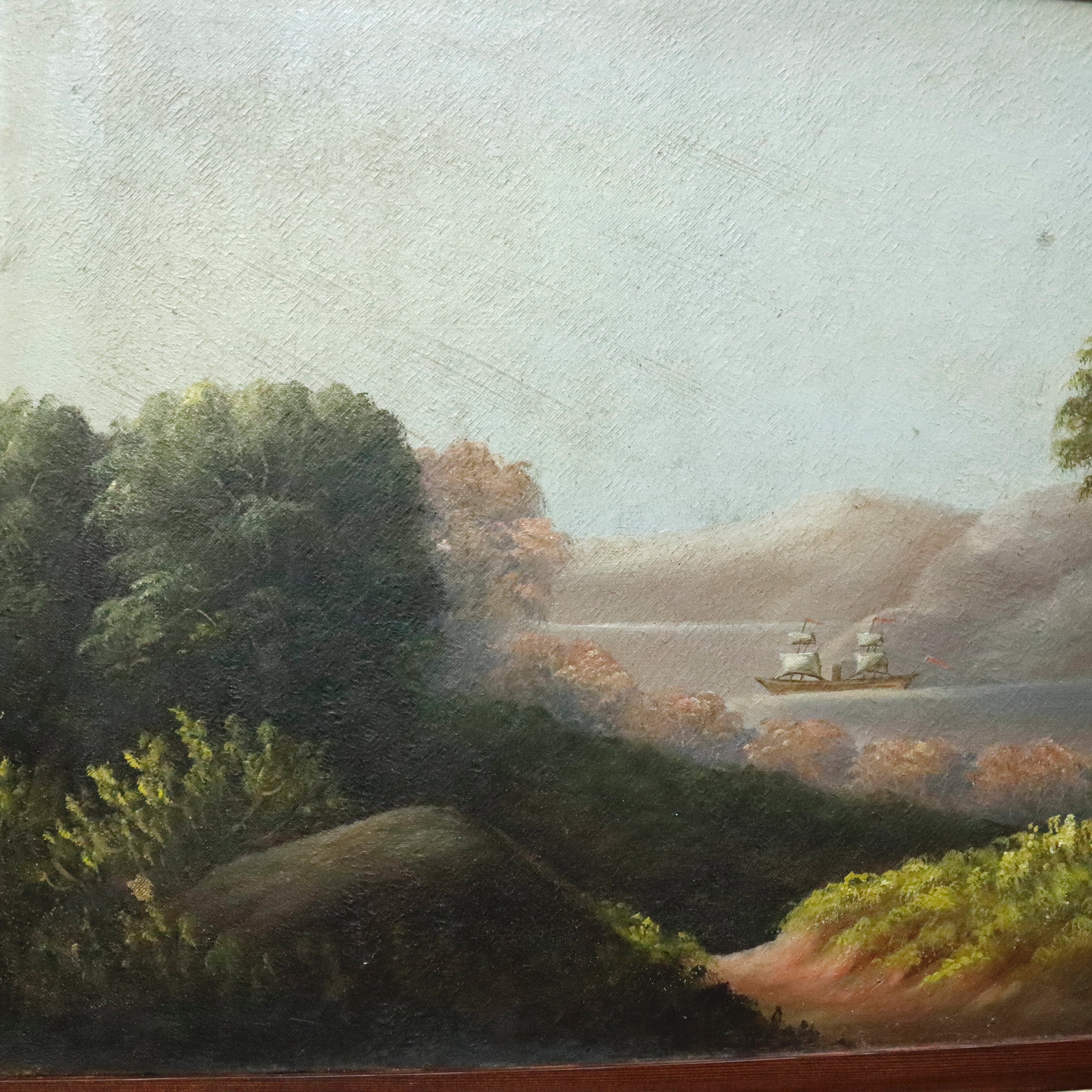 AW086: Hudson River American School River Landscape Oil on Canvas Painting Mid 19th Century