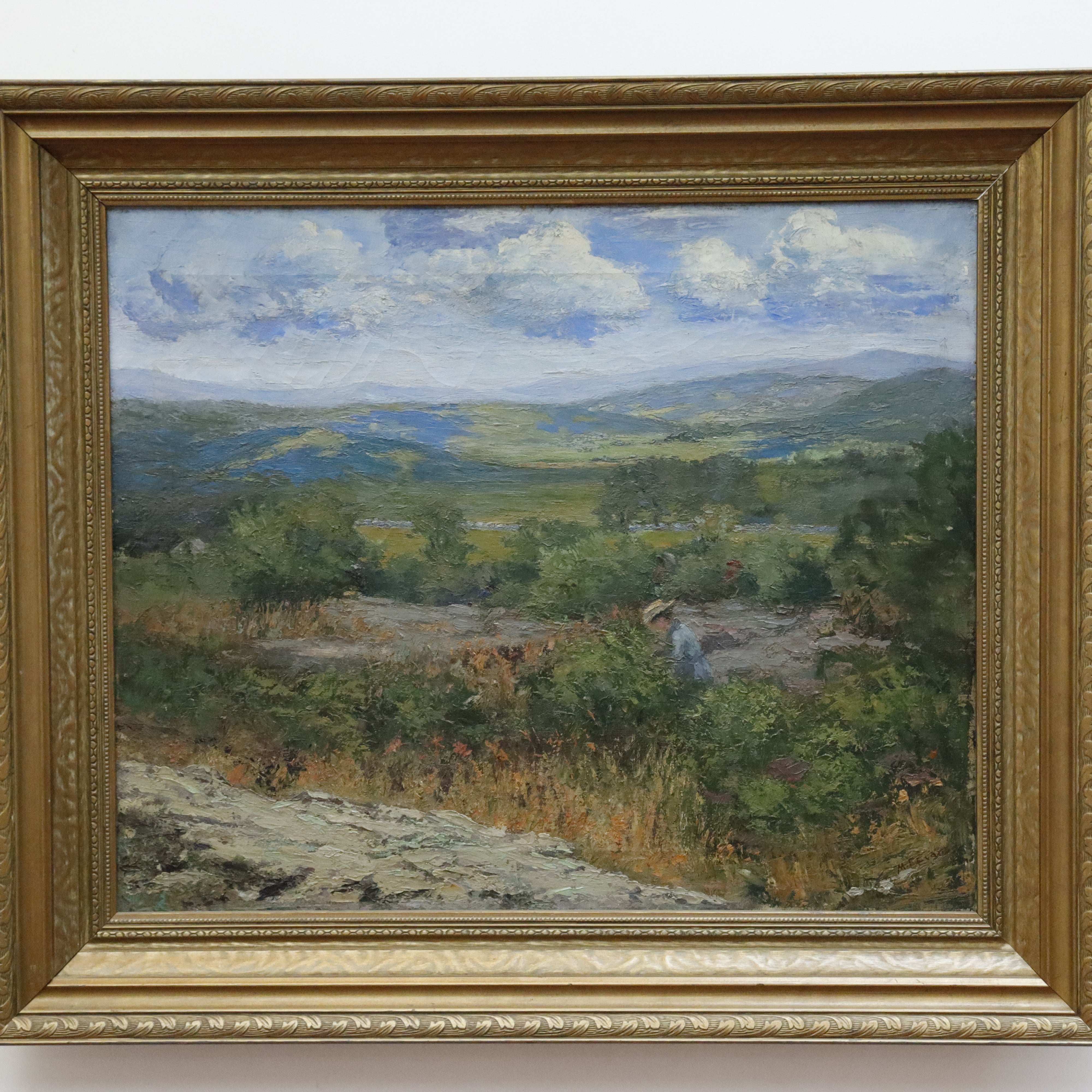 AW152: M E Evans Figure in Landscape Oil on Canvas Early 20th Century
