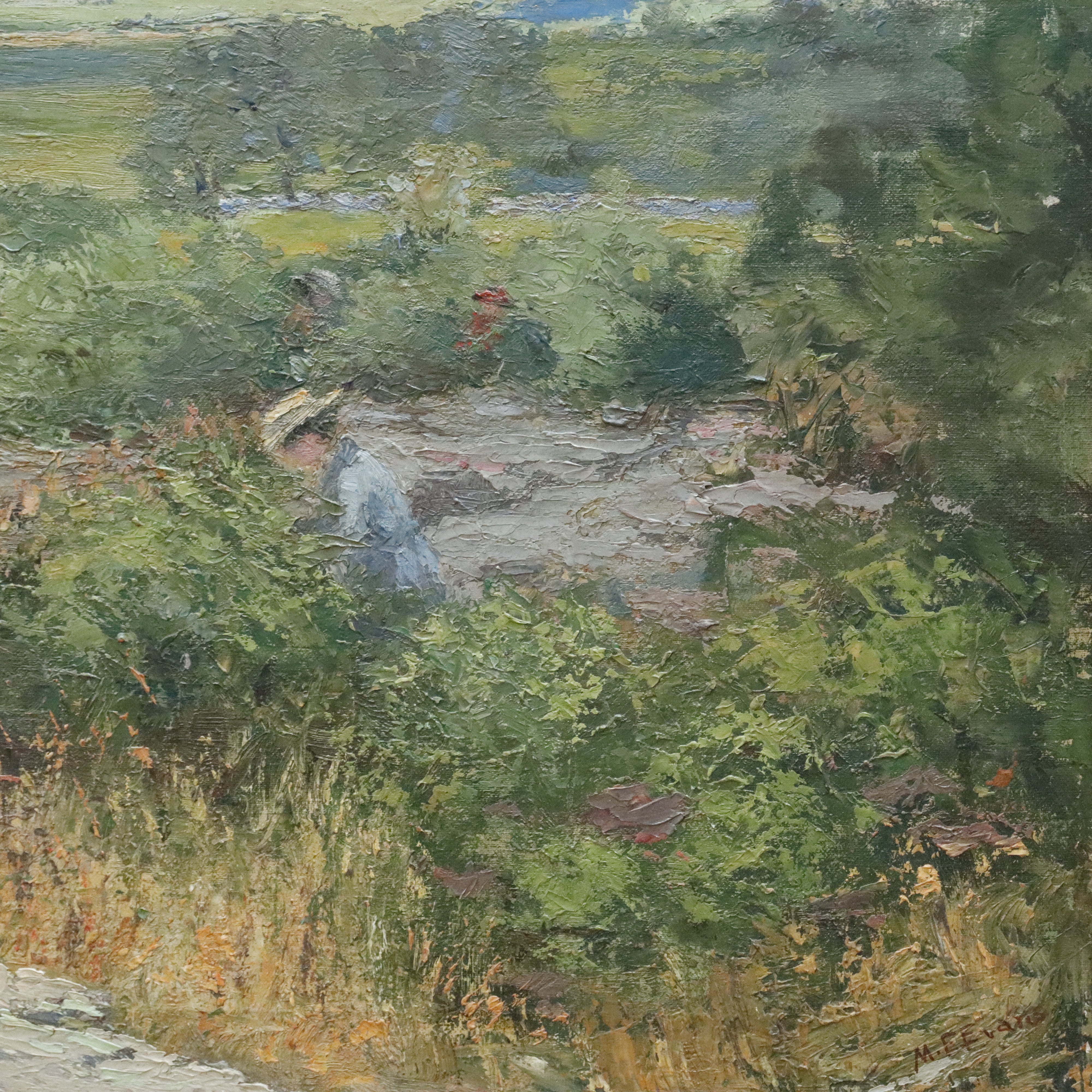 AW152: M E Evans Figure in Landscape Oil on Canvas Early 20th Century
