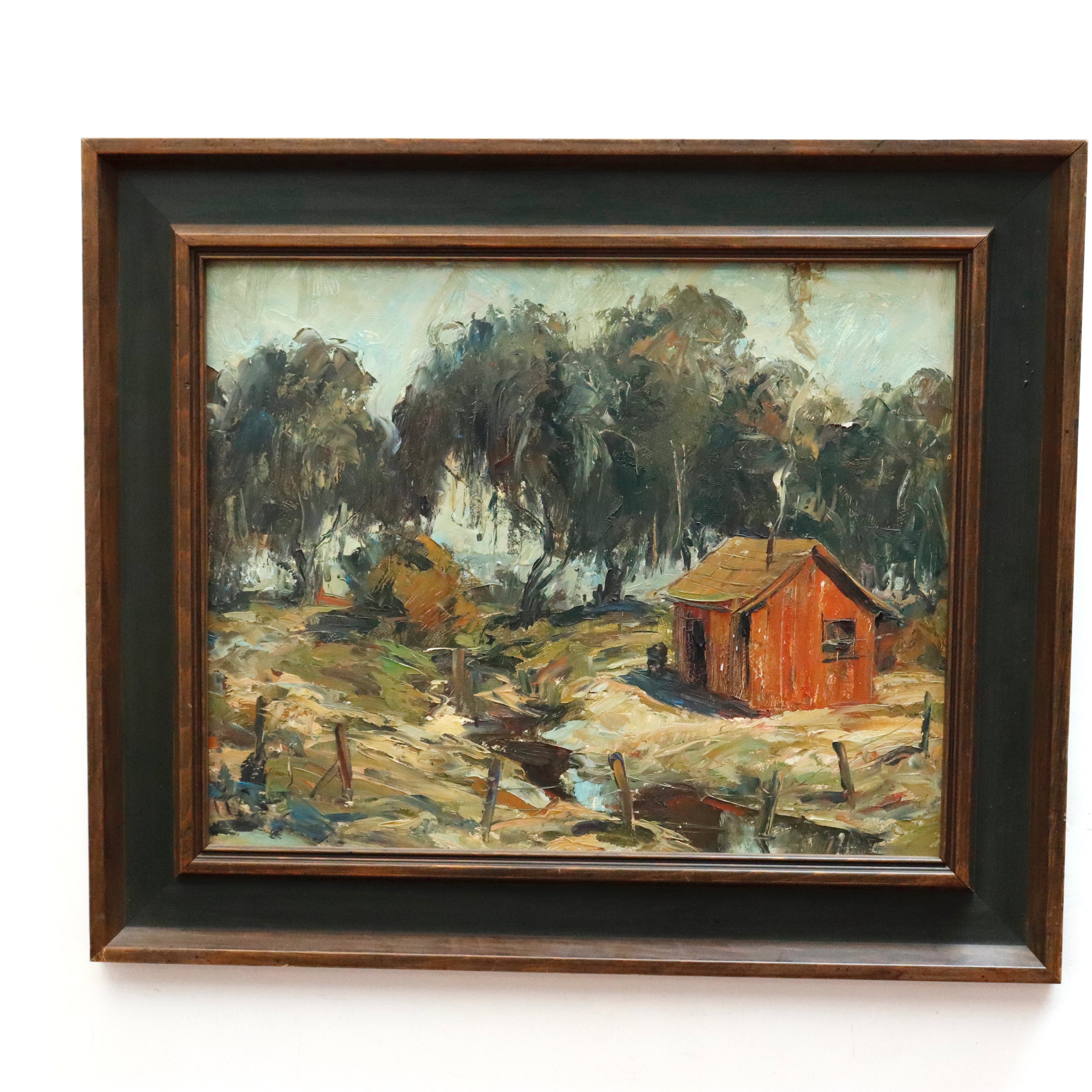 AW153: American School Rustic Cabin in California Landscape Oil on Masonite Board