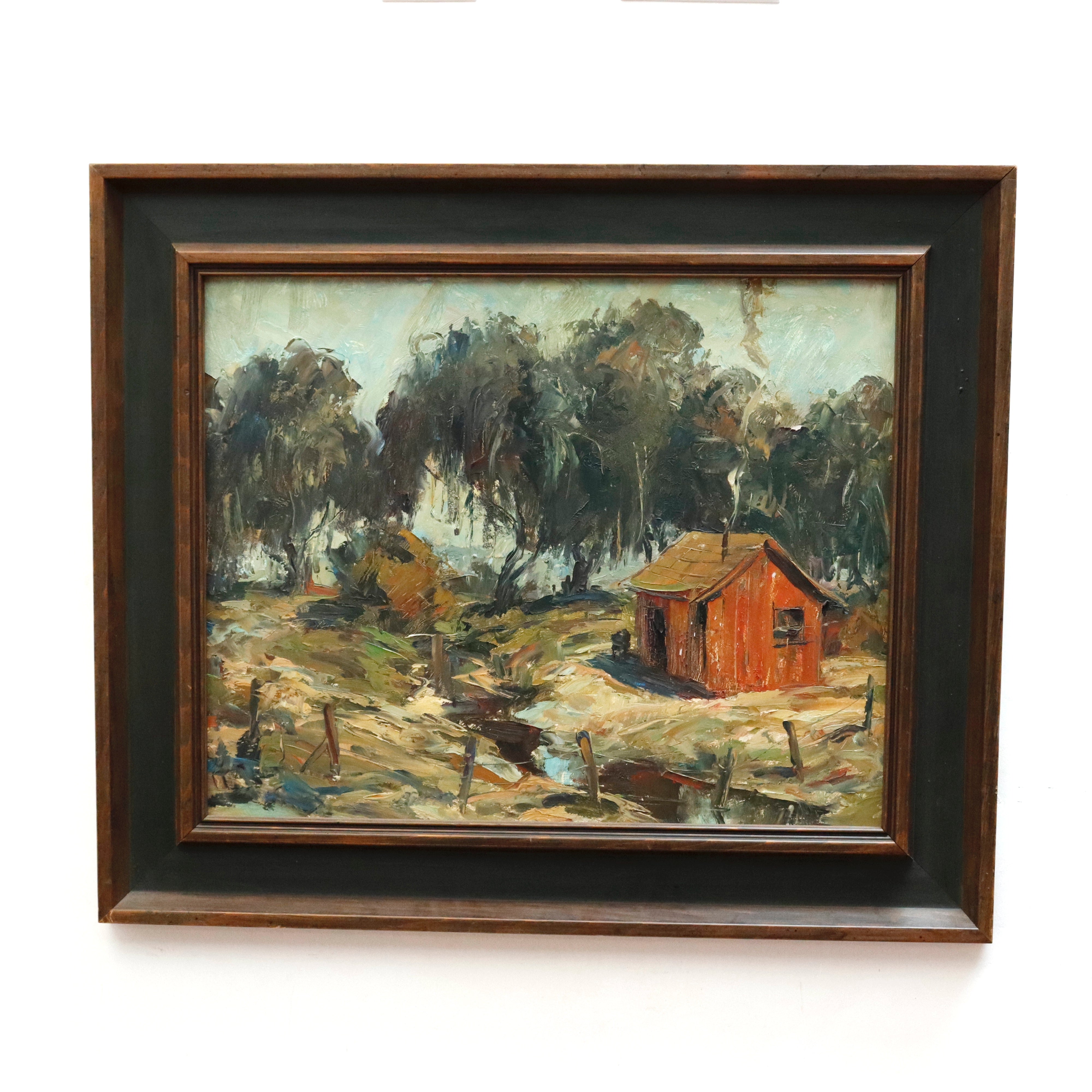 AW153: American School Rustic Cabin in California Landscape Oil on Masonite Board