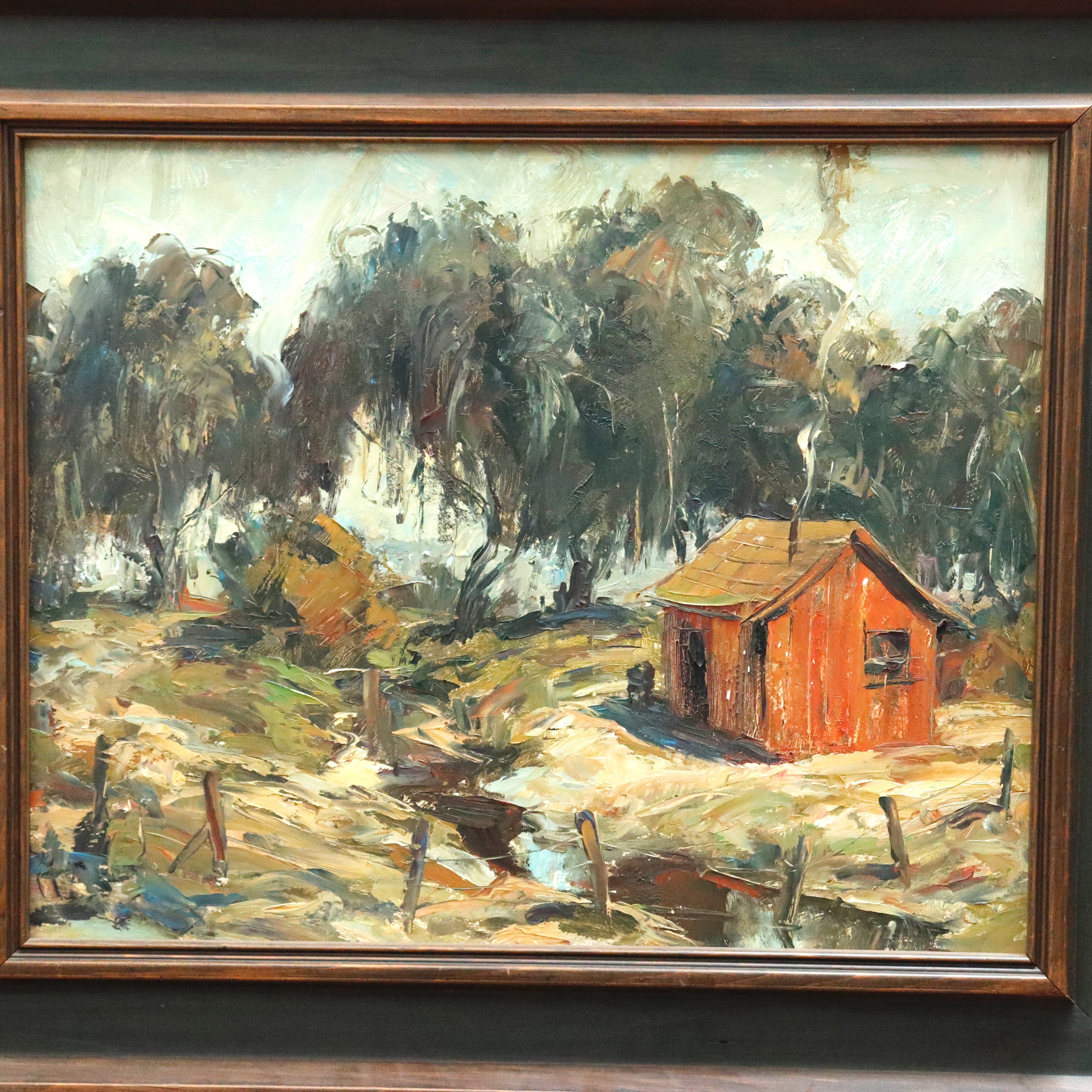 AW153: American School Rustic Cabin in California Landscape Oil on Masonite Board