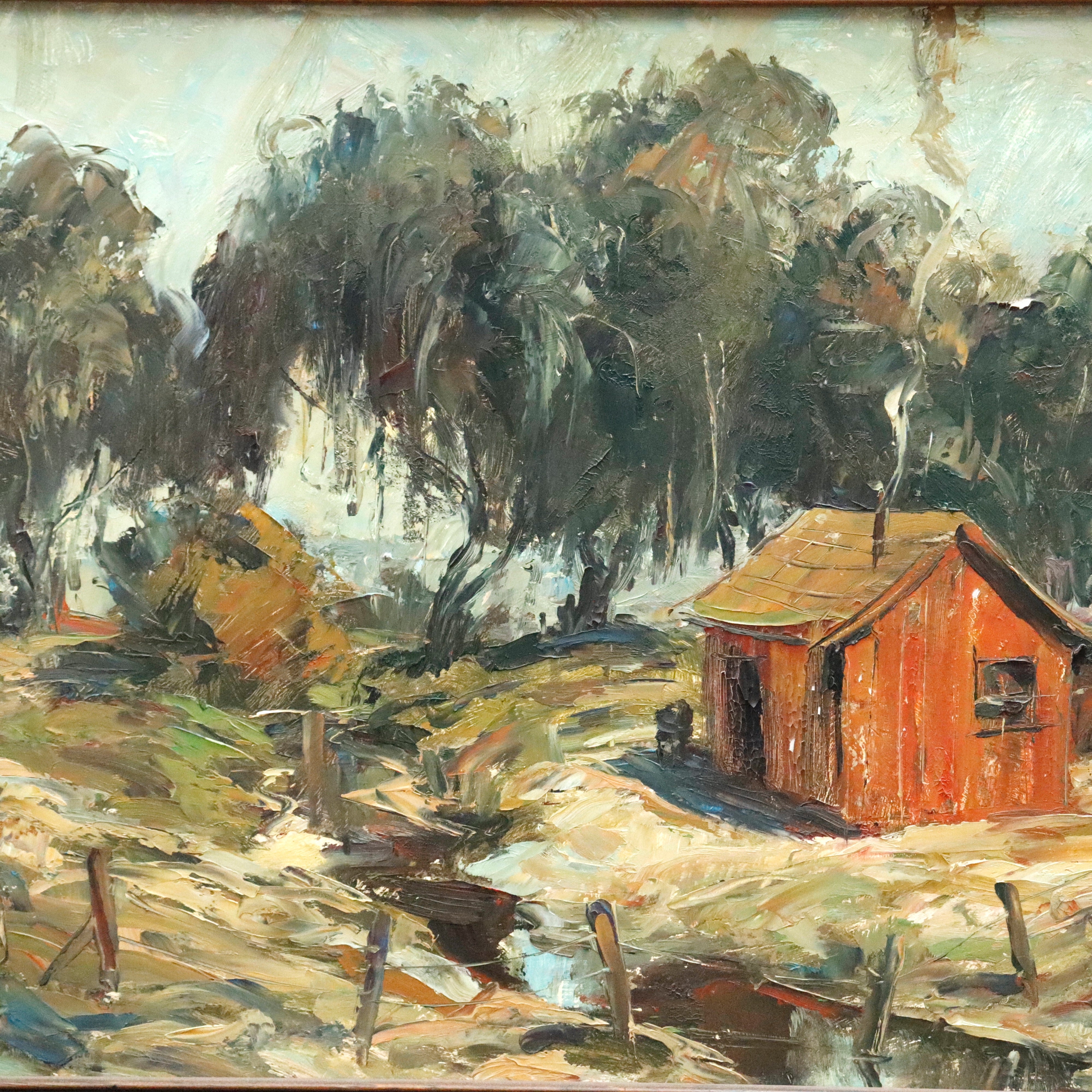 AW153: American School Rustic Cabin in California Landscape Oil on Masonite Board