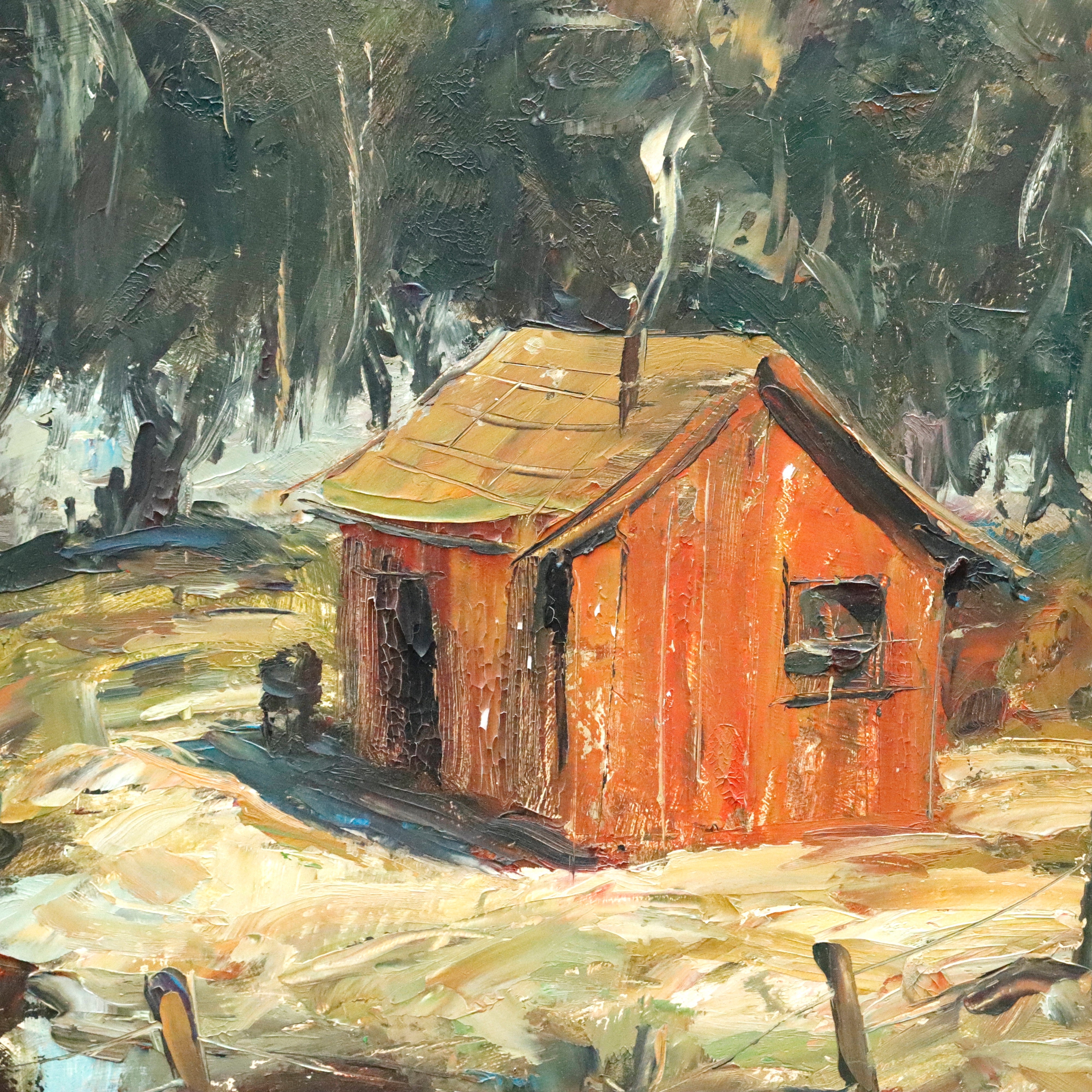 AW153: American School Rustic Cabin in California Landscape Oil on Masonite Board