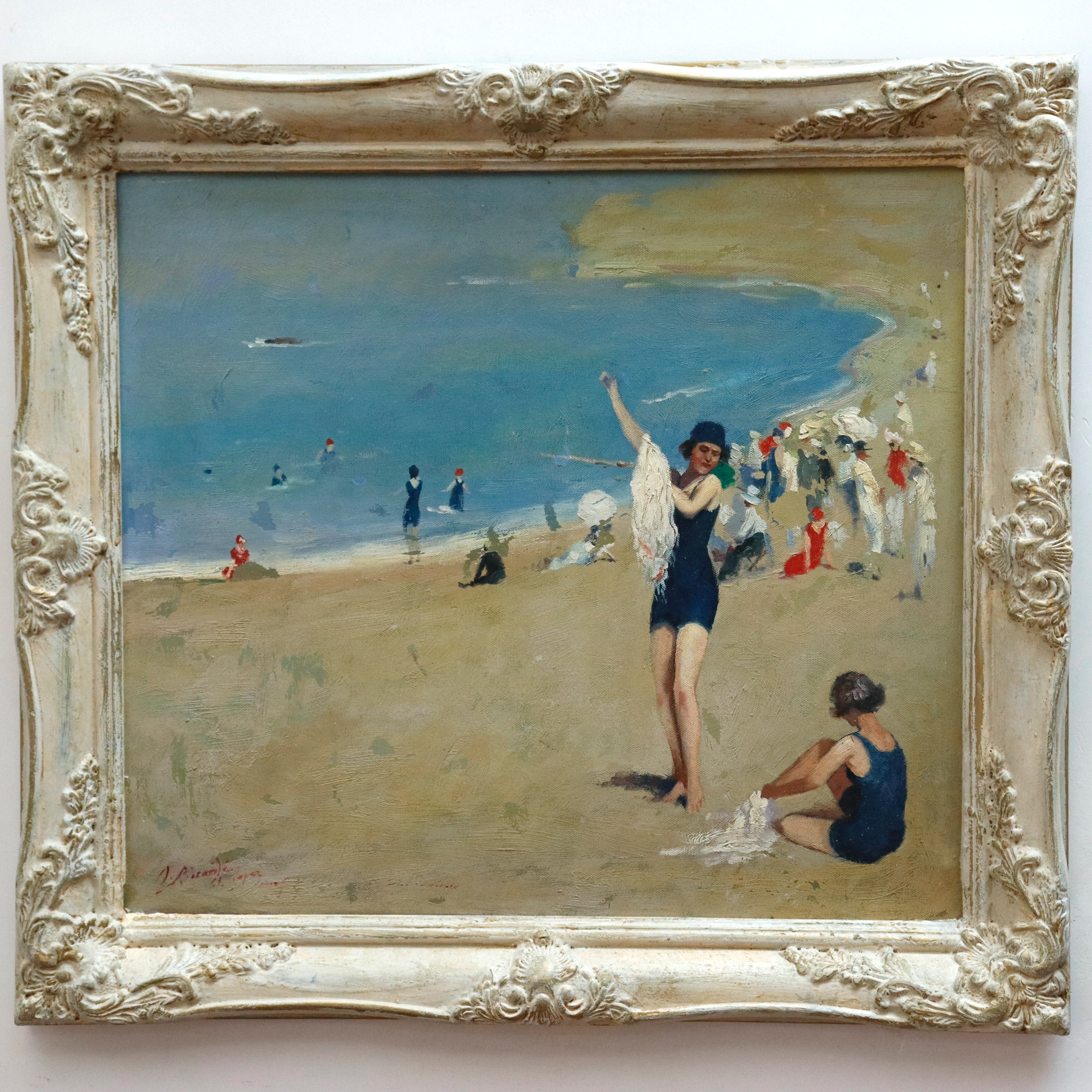 AW971: Oscar Riccardi St. Tropic Beach Oil on Board Circa 1917