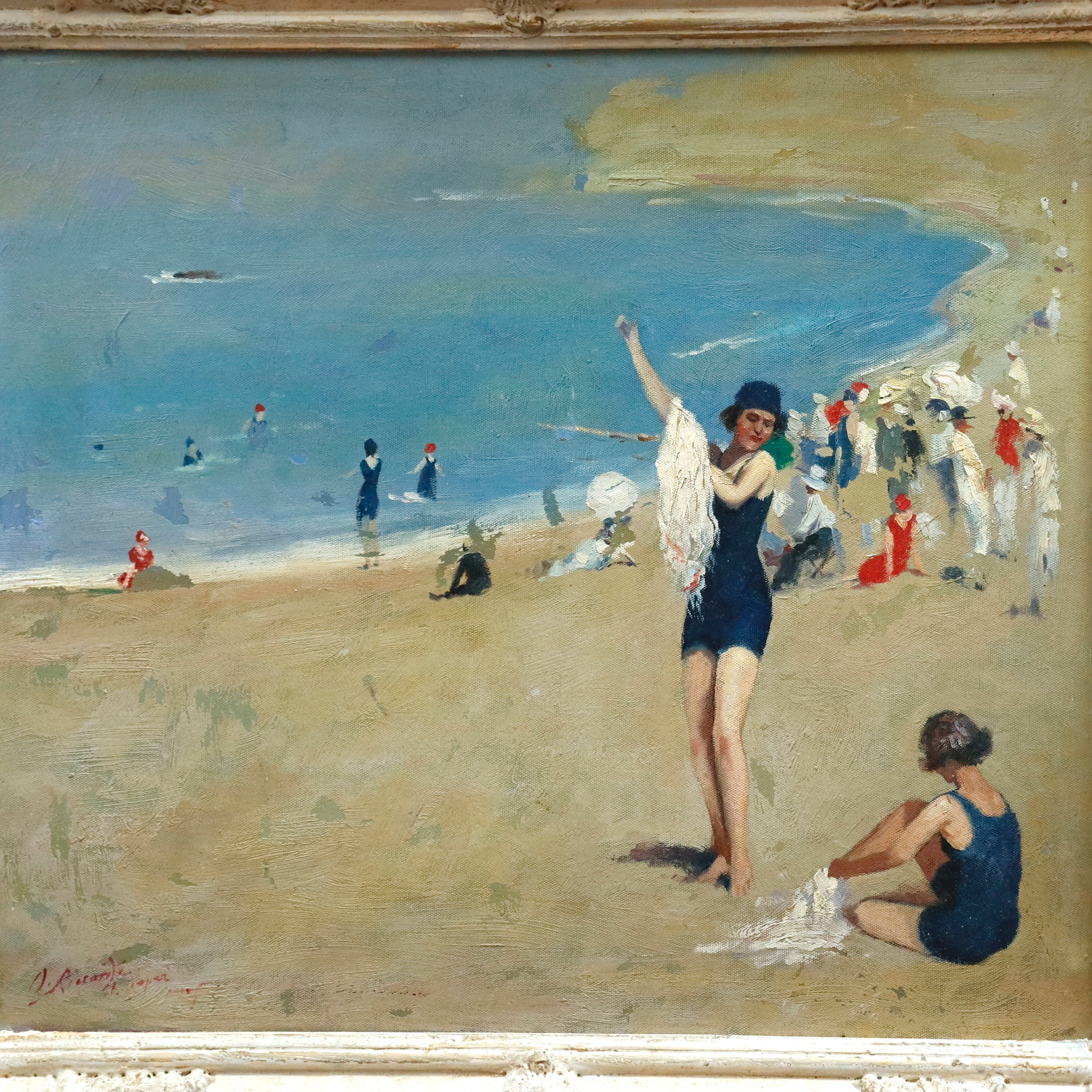 AW971: Oscar Riccardi St. Tropic Beach Oil on Board Circa 1917