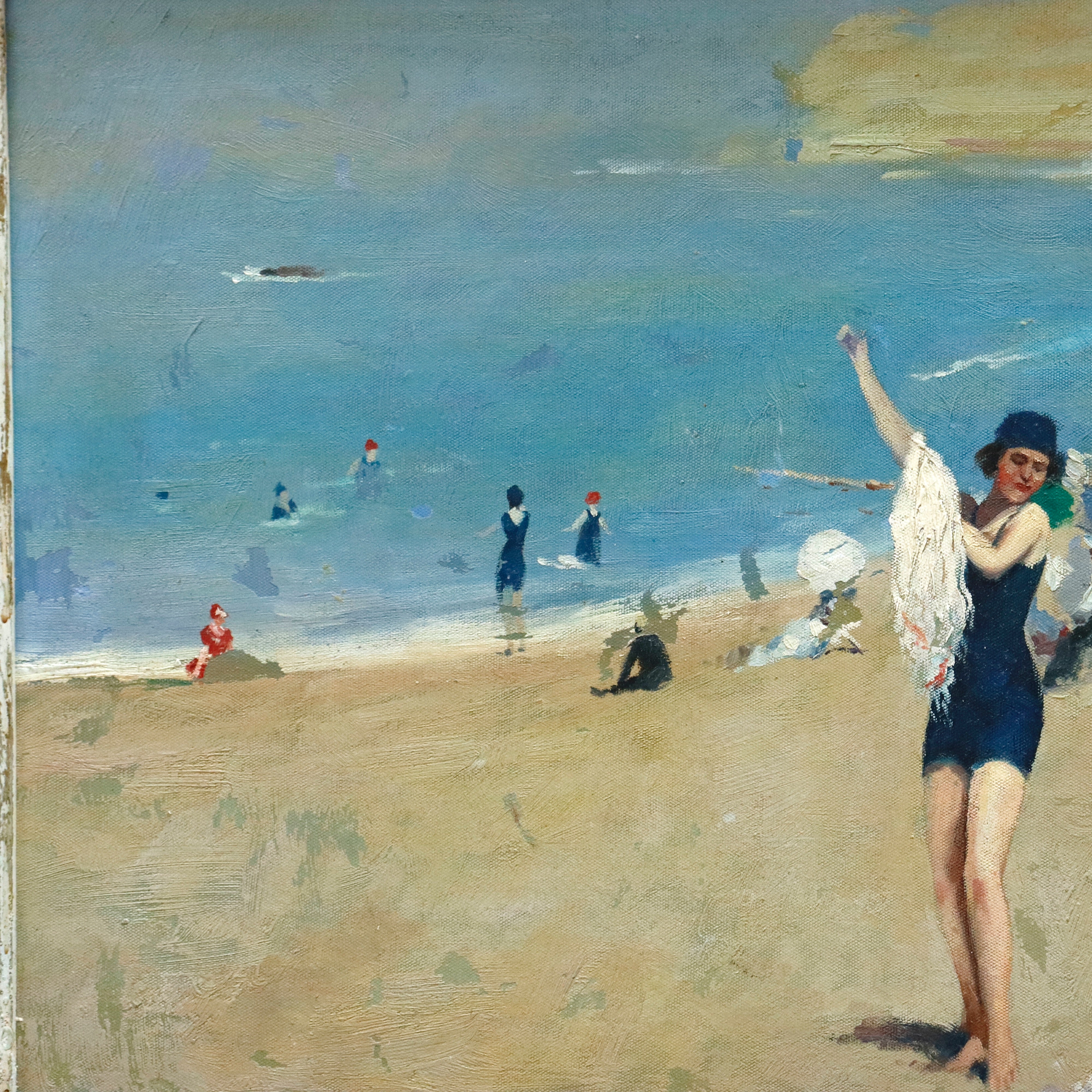 AW971: Oscar Riccardi St. Tropic Beach Oil on Board Circa 1917