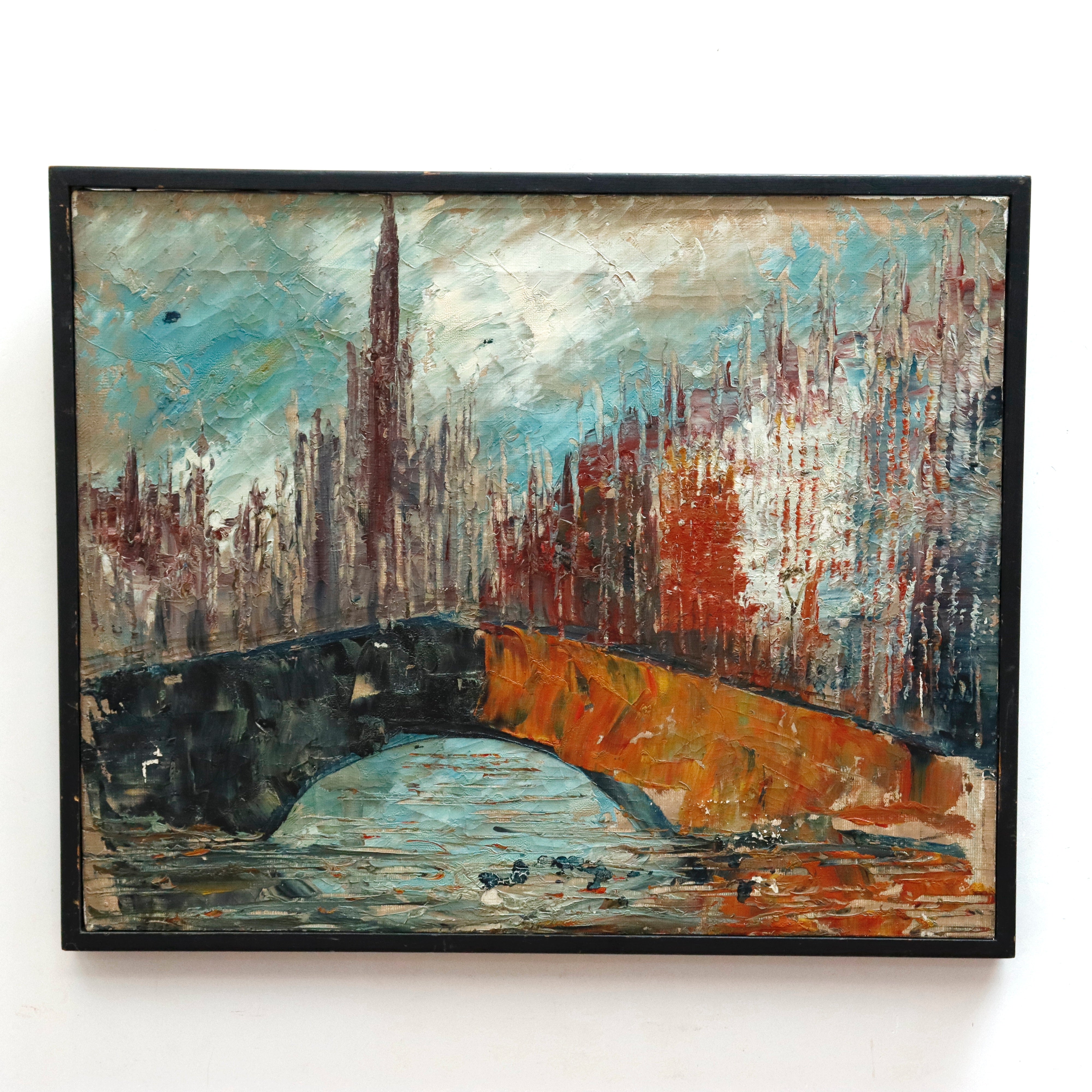 Cory Imports Italian School Modernist Cityscape Oil on Canvas  | Work of Man