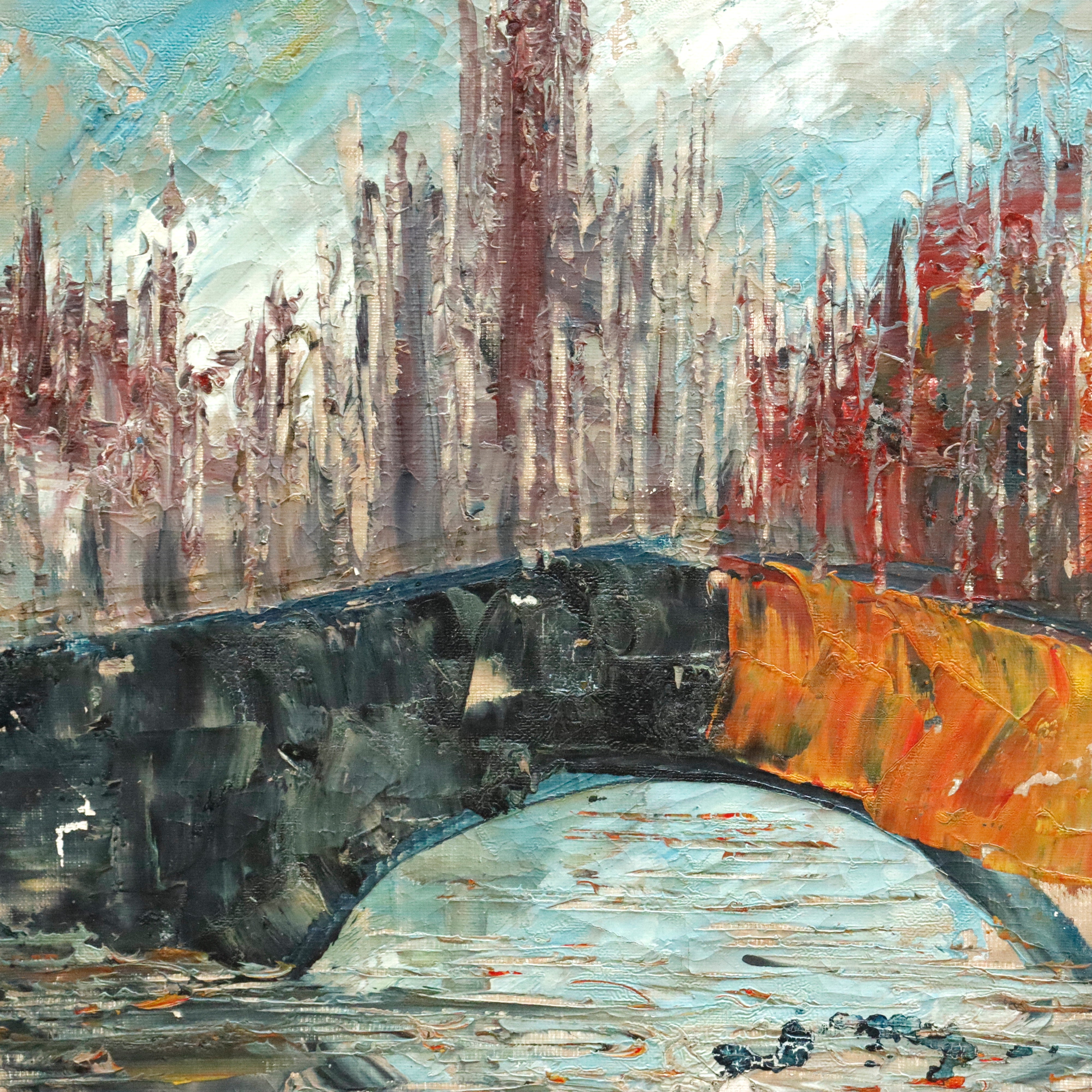 AW138: Cory Imports Italian School Modernist Cityscape Oil on Canvas