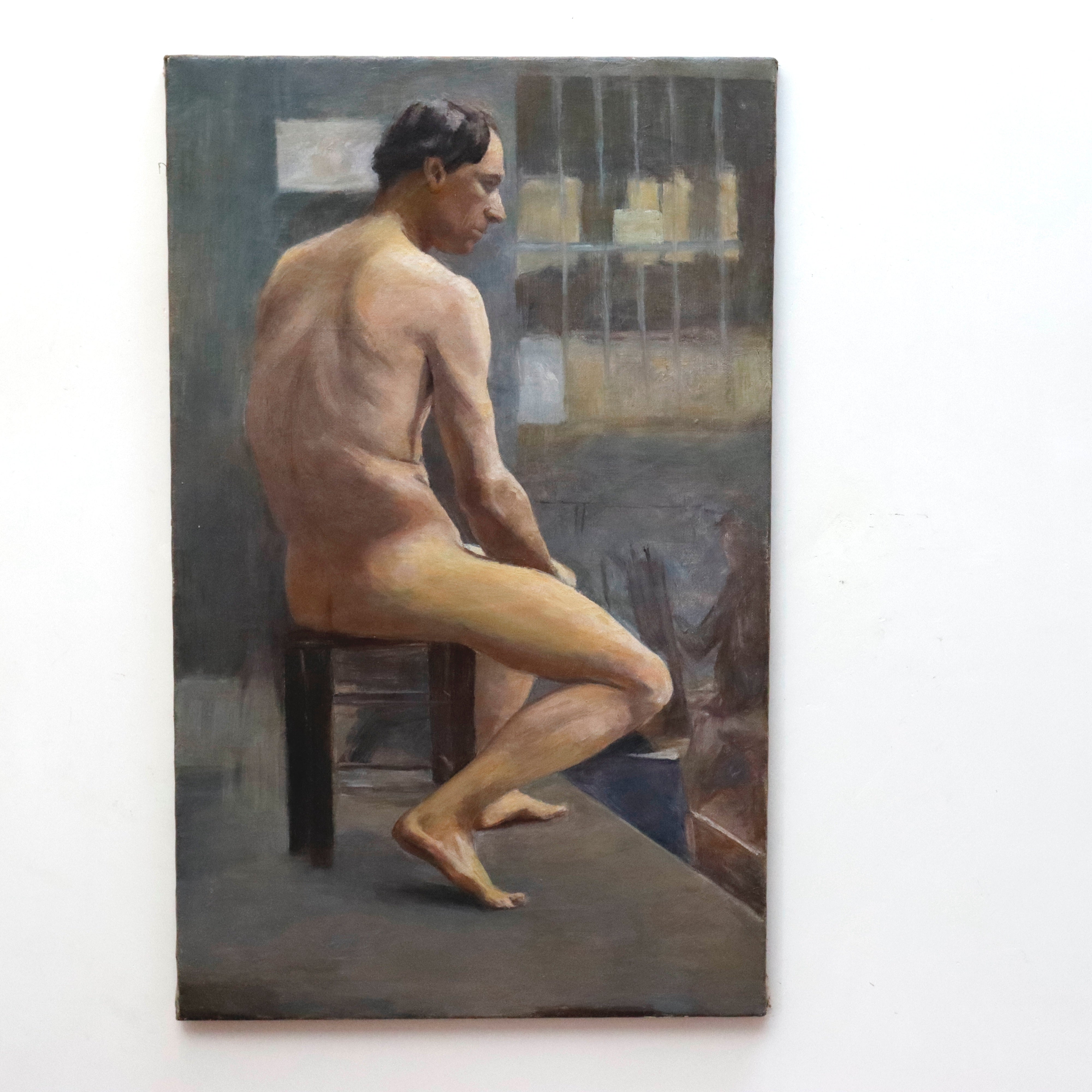 AW947: Antique French Academy Seated Nude Male Model Oil on Canvas Painting Circa 1900