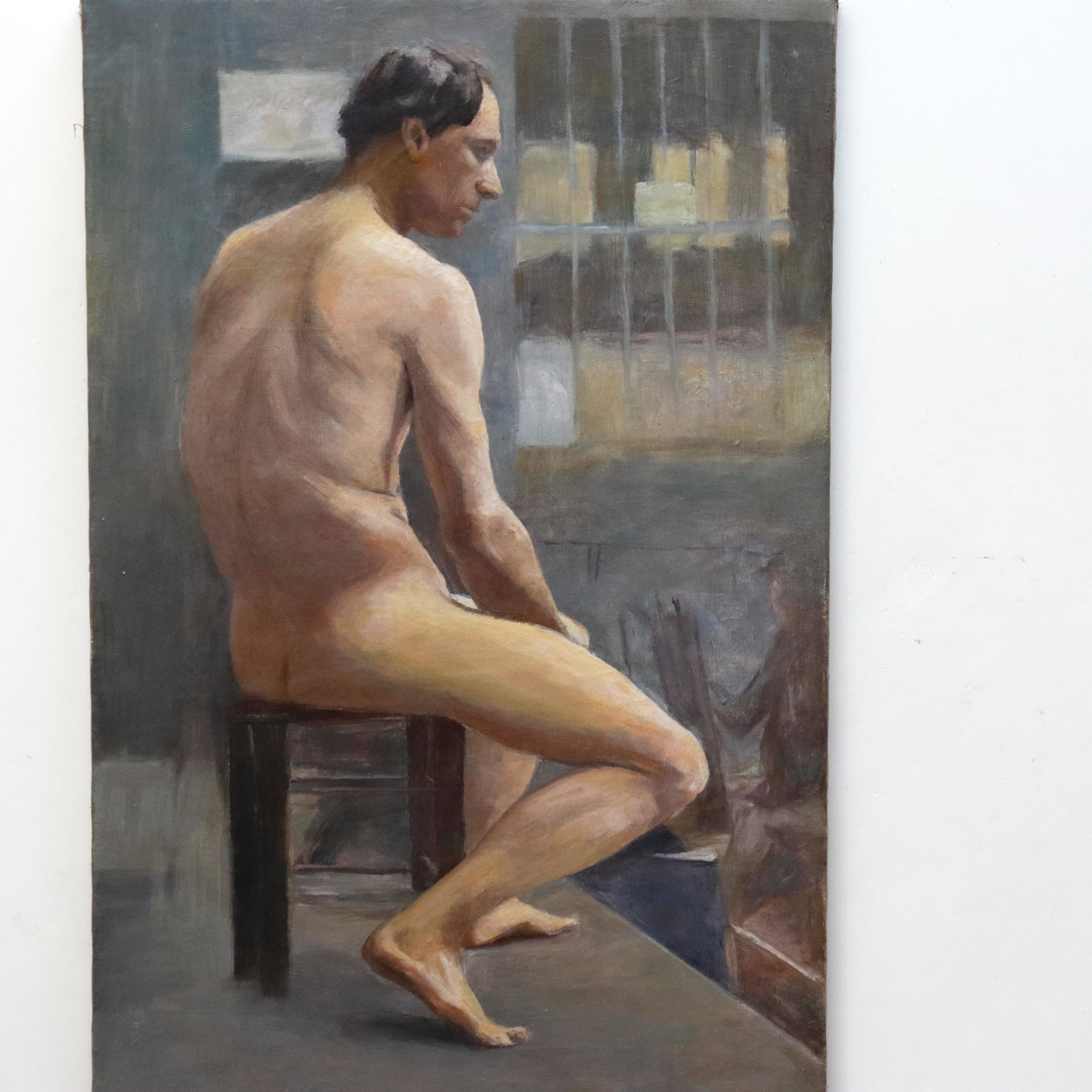 AW947: Antique French Academy Seated Nude Male Model Oil on Canvas Painting Circa 1900