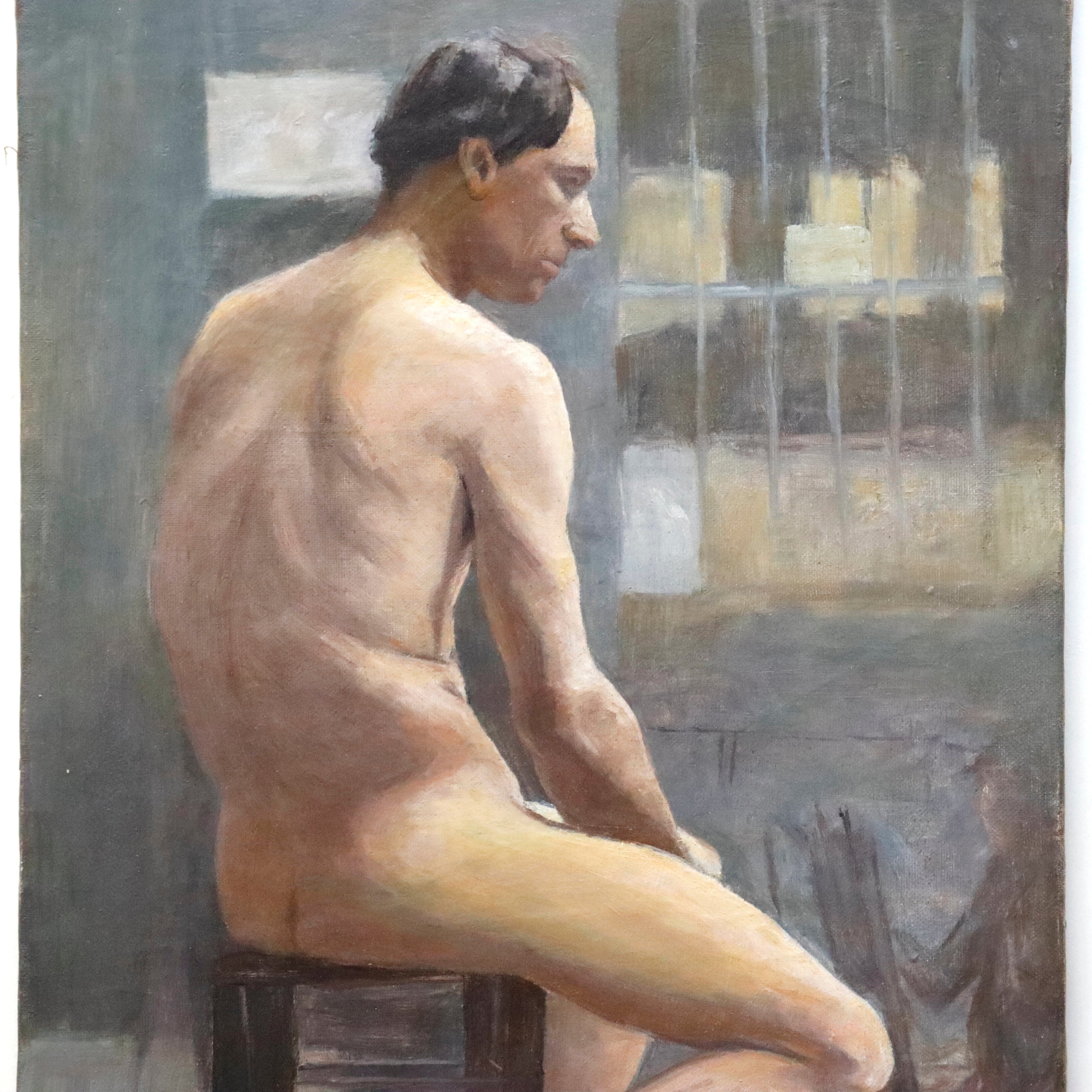 AW947: Antique French Academy Seated Nude Male Model Oil on Canvas Painting Circa 1900