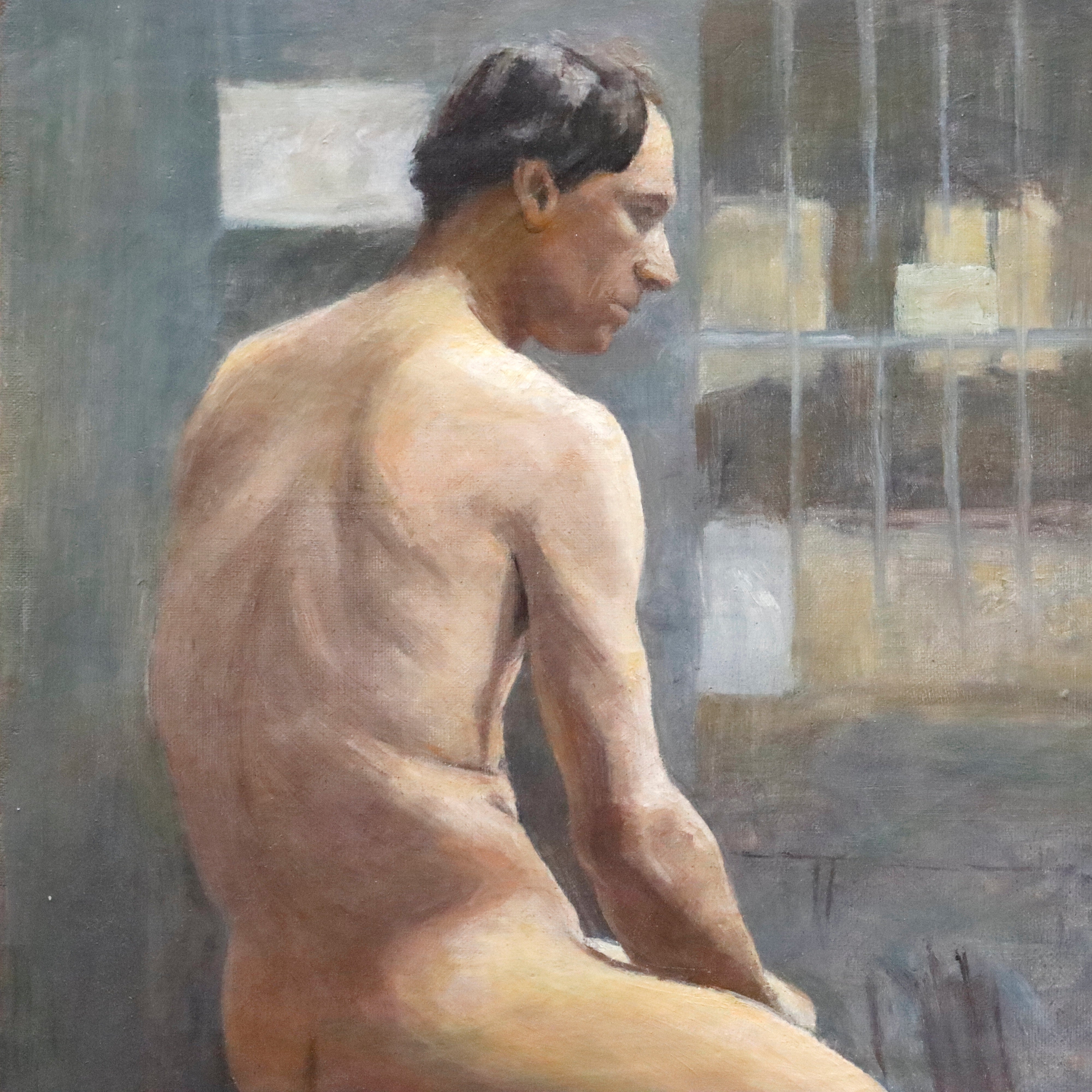 AW947: Antique French Academy Seated Nude Male Model Oil on Canvas Painting Circa 1900