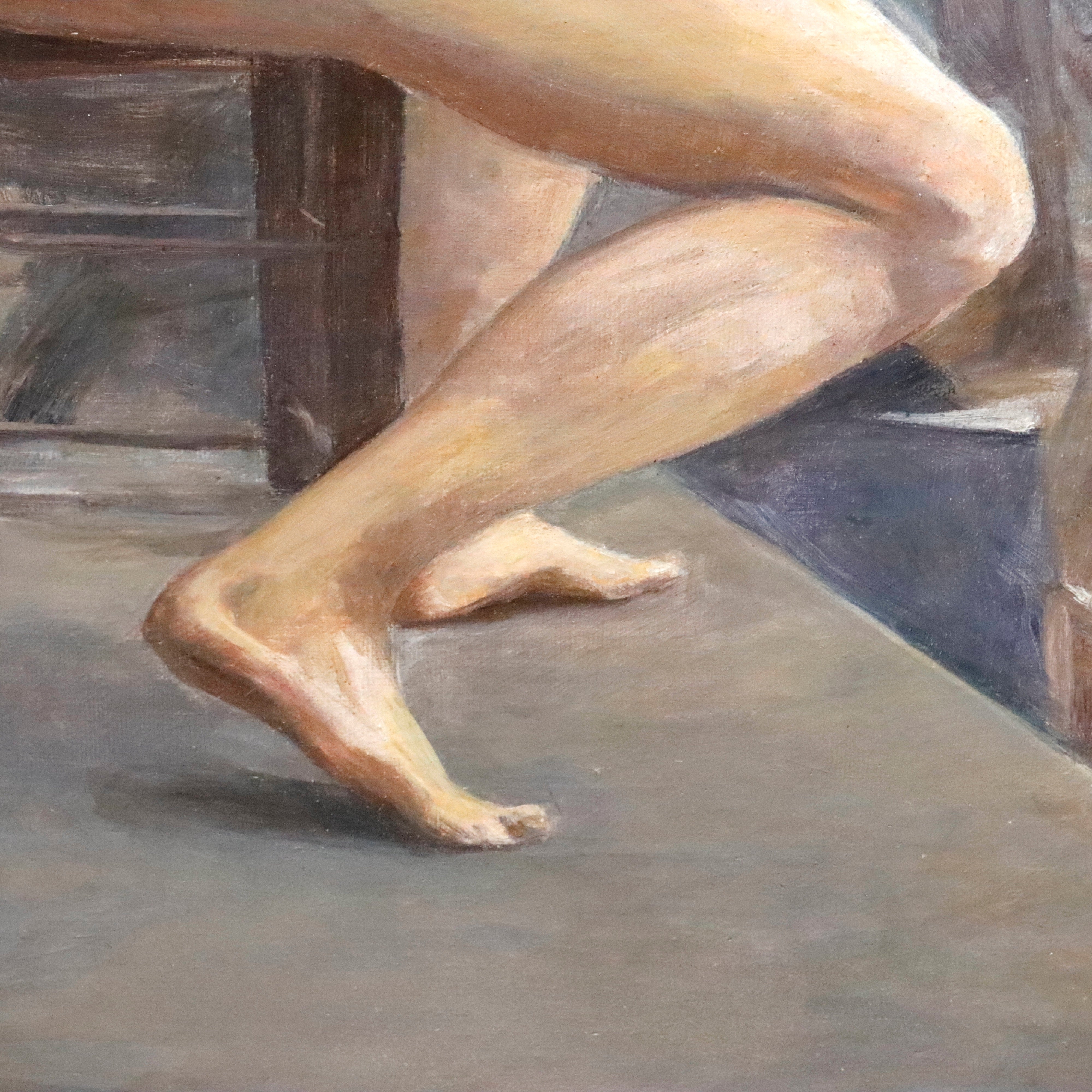 AW947: Antique French Academy Seated Nude Male Model Oil on Canvas Painting Circa 1900