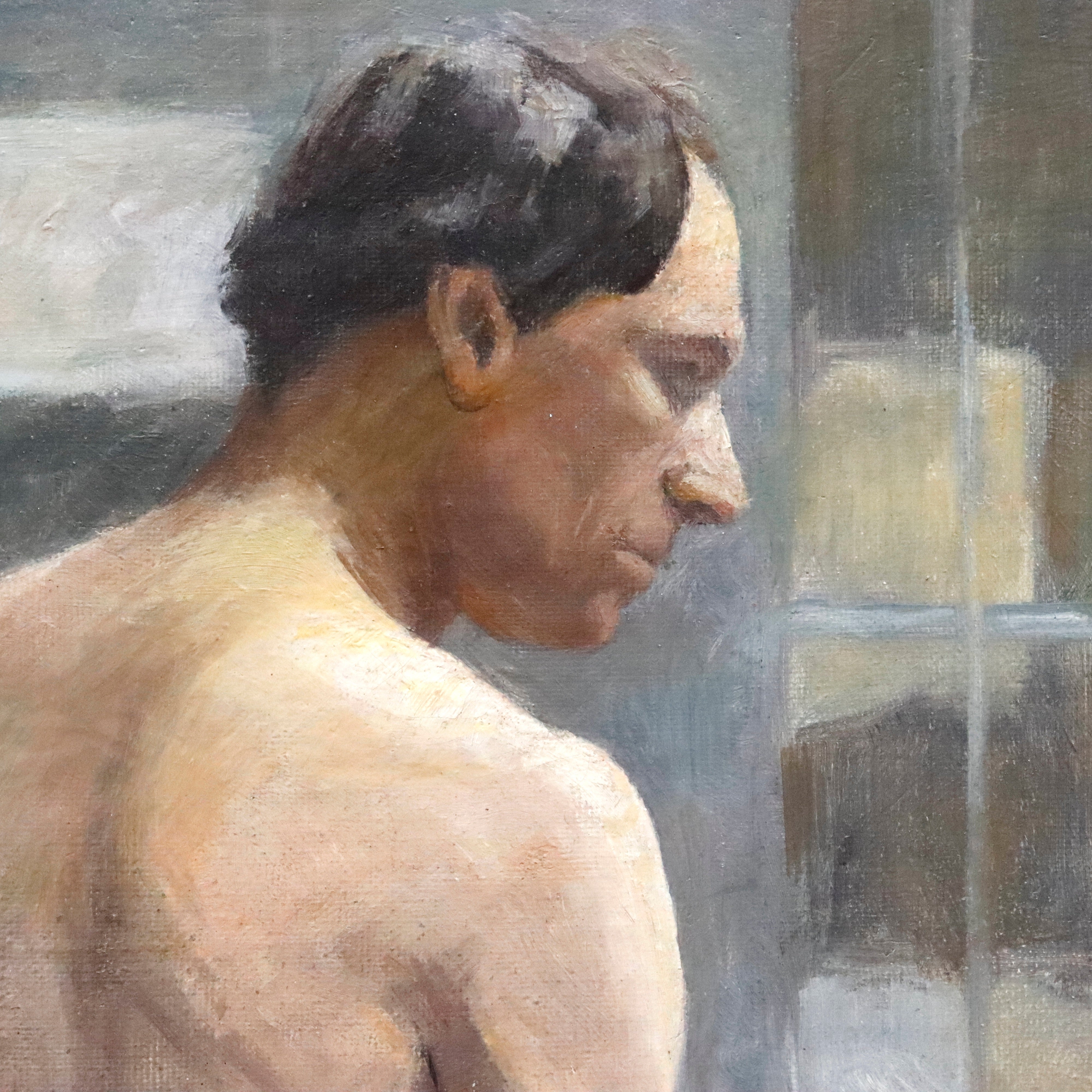 AW947: Antique French Academy Seated Nude Male Model Oil on Canvas Painting Circa 1900