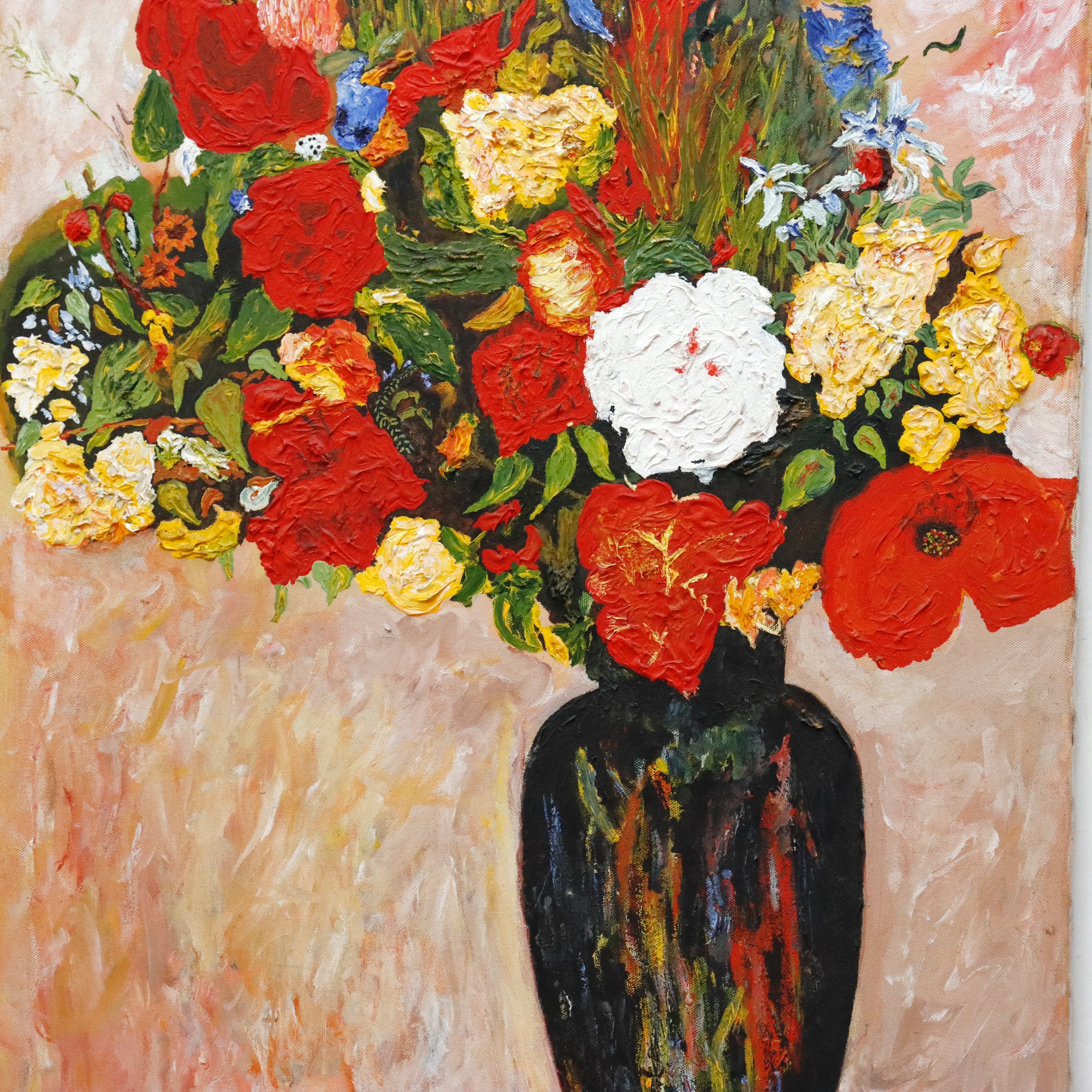 AW958: D. Walliamar Modernist floral Still Life Oil on Canvas Late 20th Century