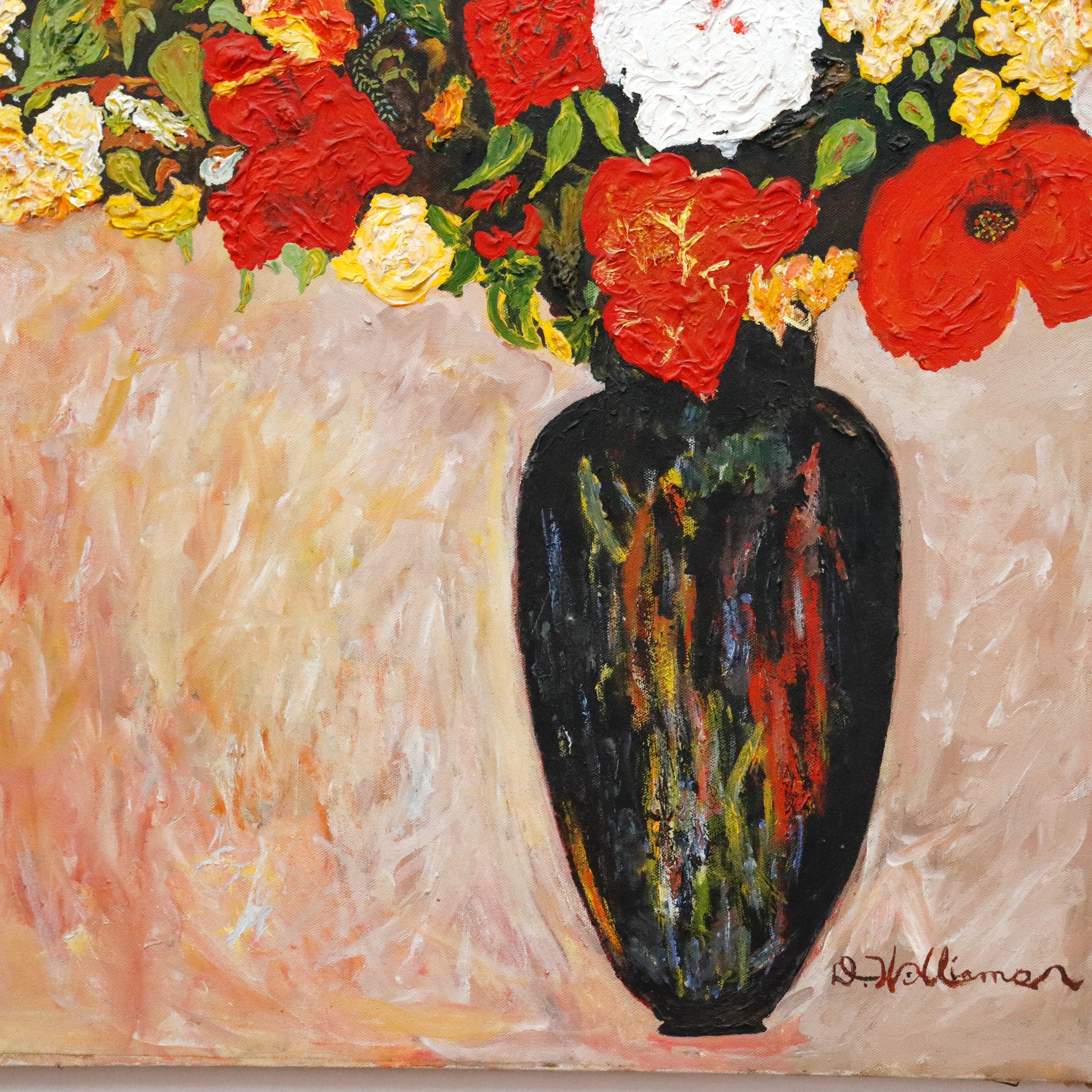 AW958: D. Walliamar Modernist floral Still Life Oil on Canvas Late 20th Century