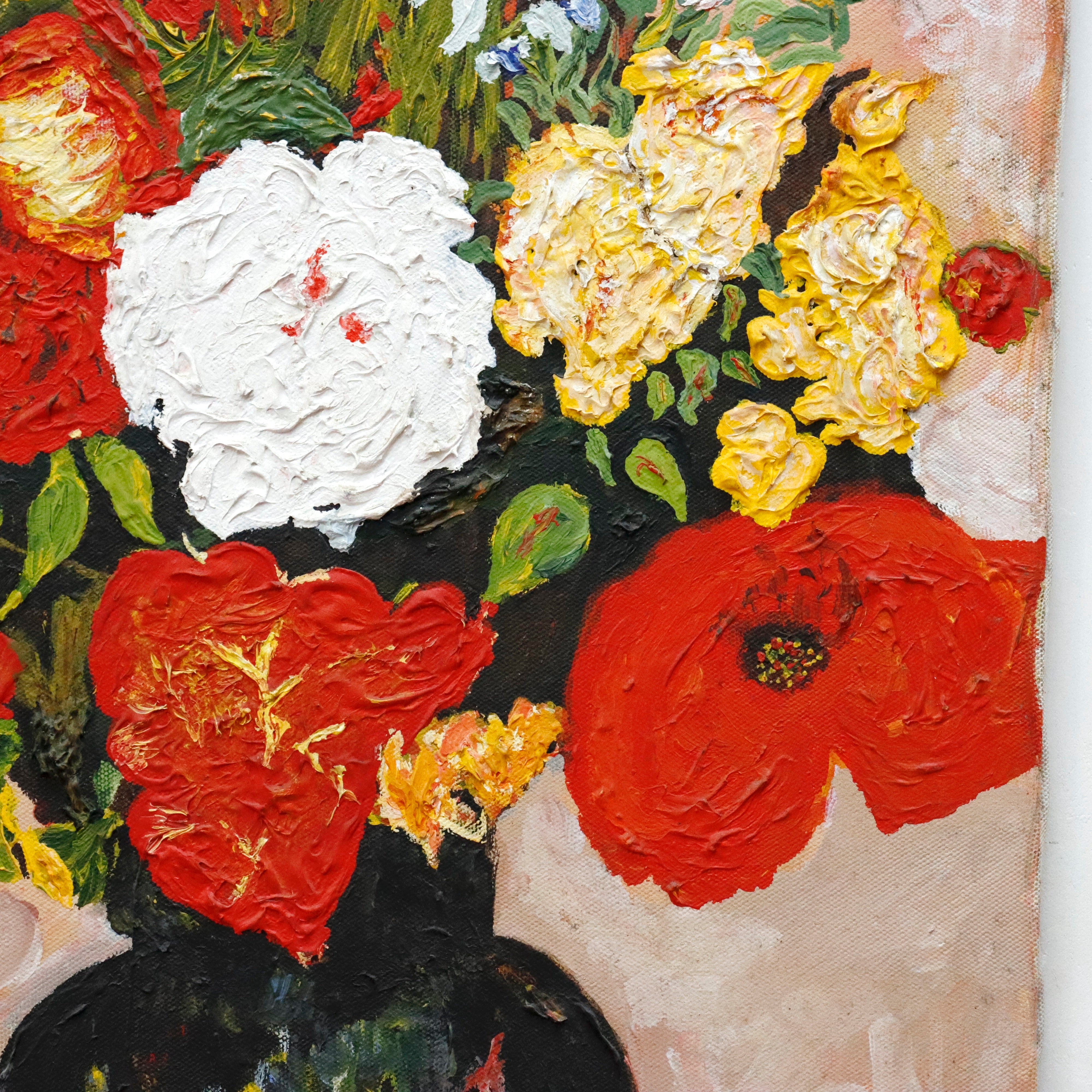 AW958: D. Walliamar Modernist floral Still Life Oil on Canvas Late 20th Century