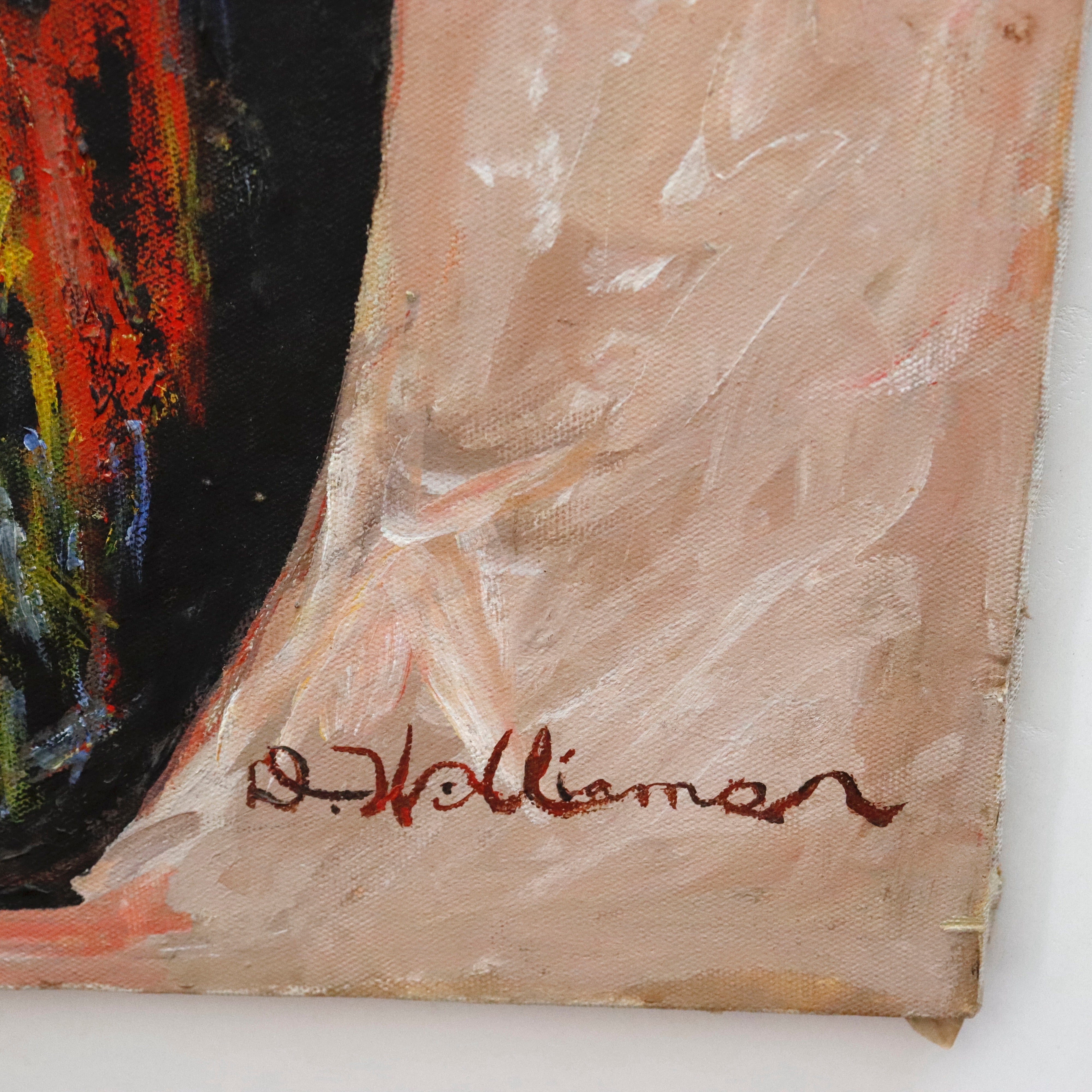 AW958: D. Walliamar Modernist floral Still Life Oil on Canvas Late 20th Century