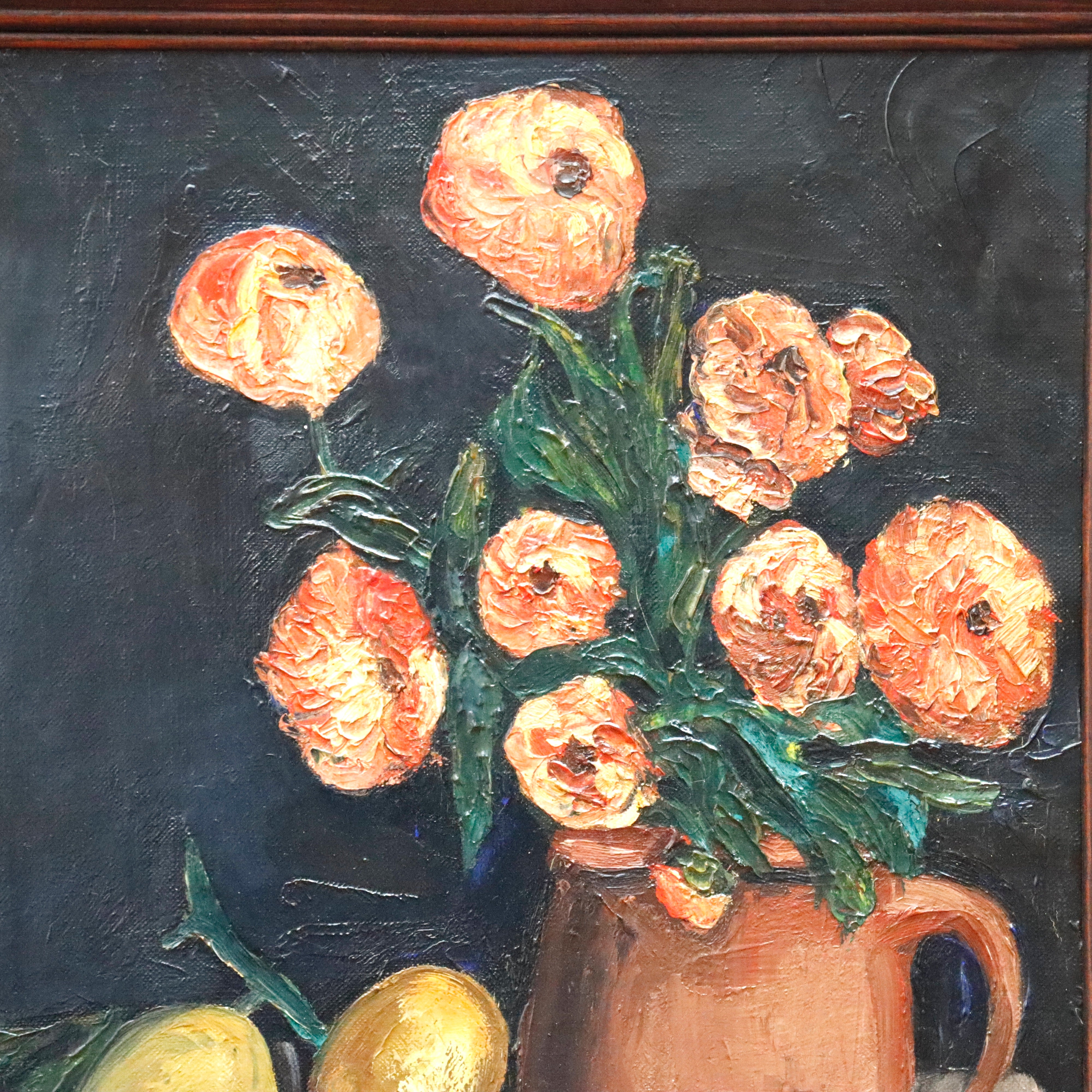 AW949: Antique French Floral and Fruit Oil on Canvas Painting Circa 1900