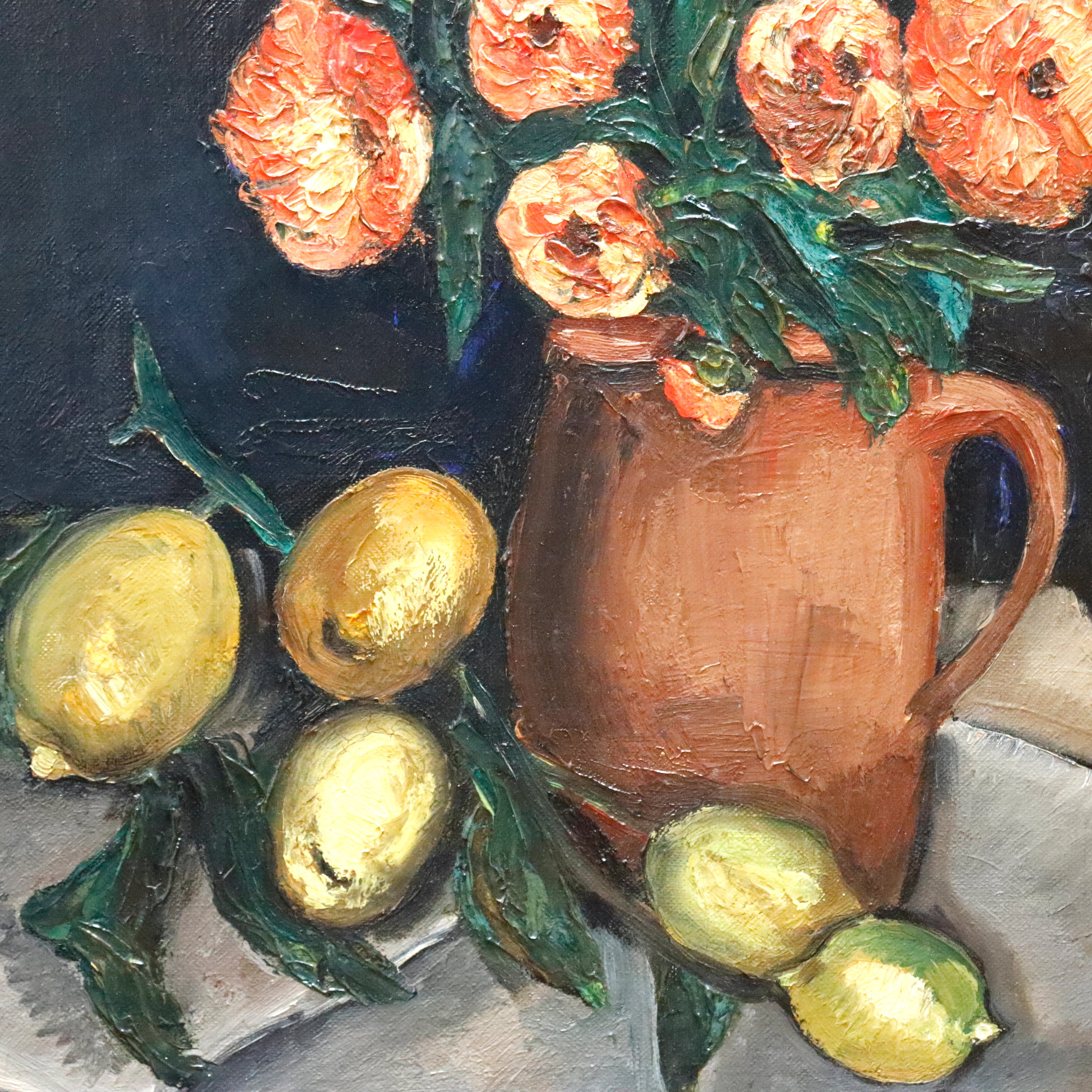 AW949: Antique French Floral and Fruit Oil on Canvas Painting Circa 1900