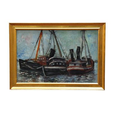 Antique Modernist WPA Ashcan Oil on Canvas Painting of Tugboats | Work of Man
