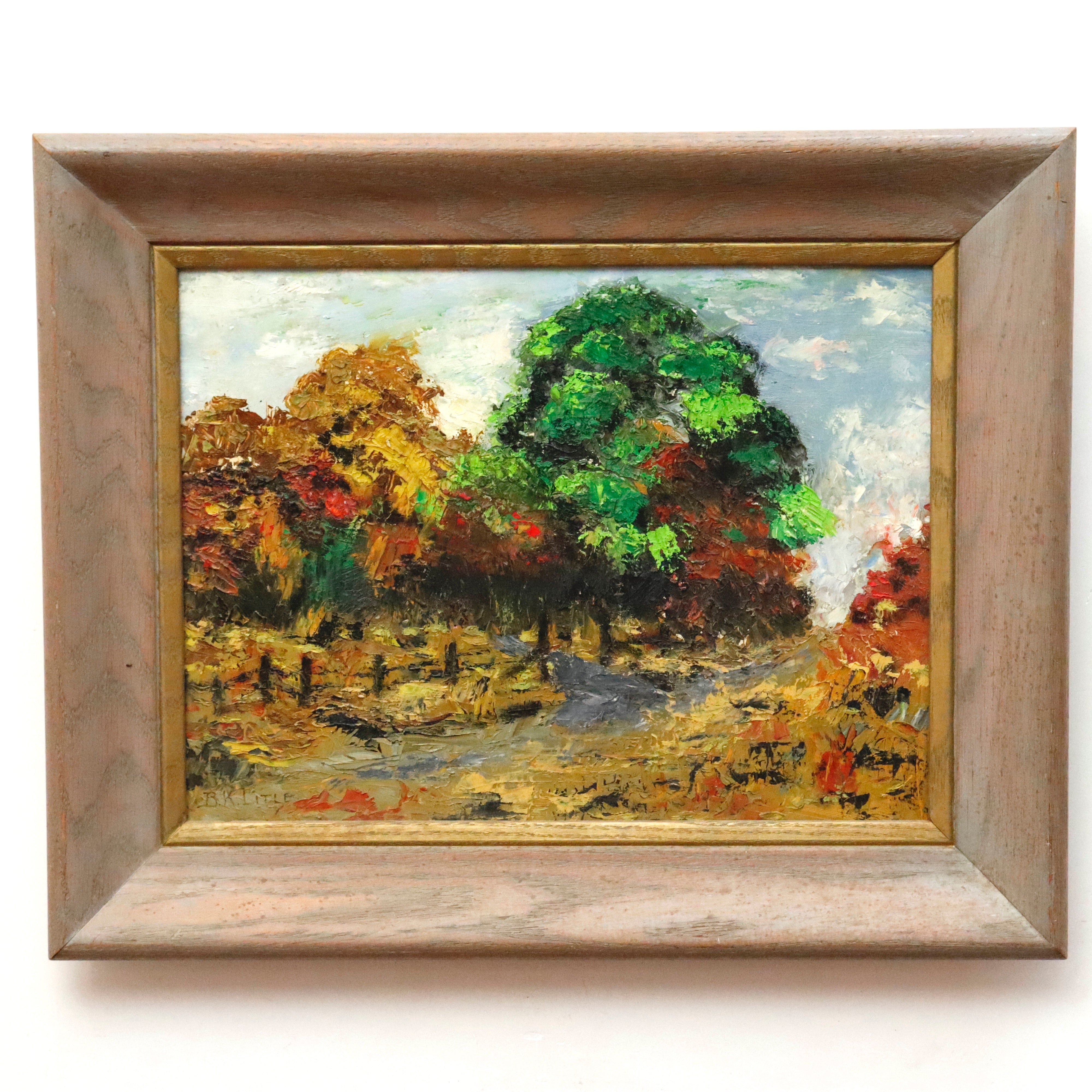 AW961: BK Litle Oil on Masonite Board Landscape Painting Early 20th Century