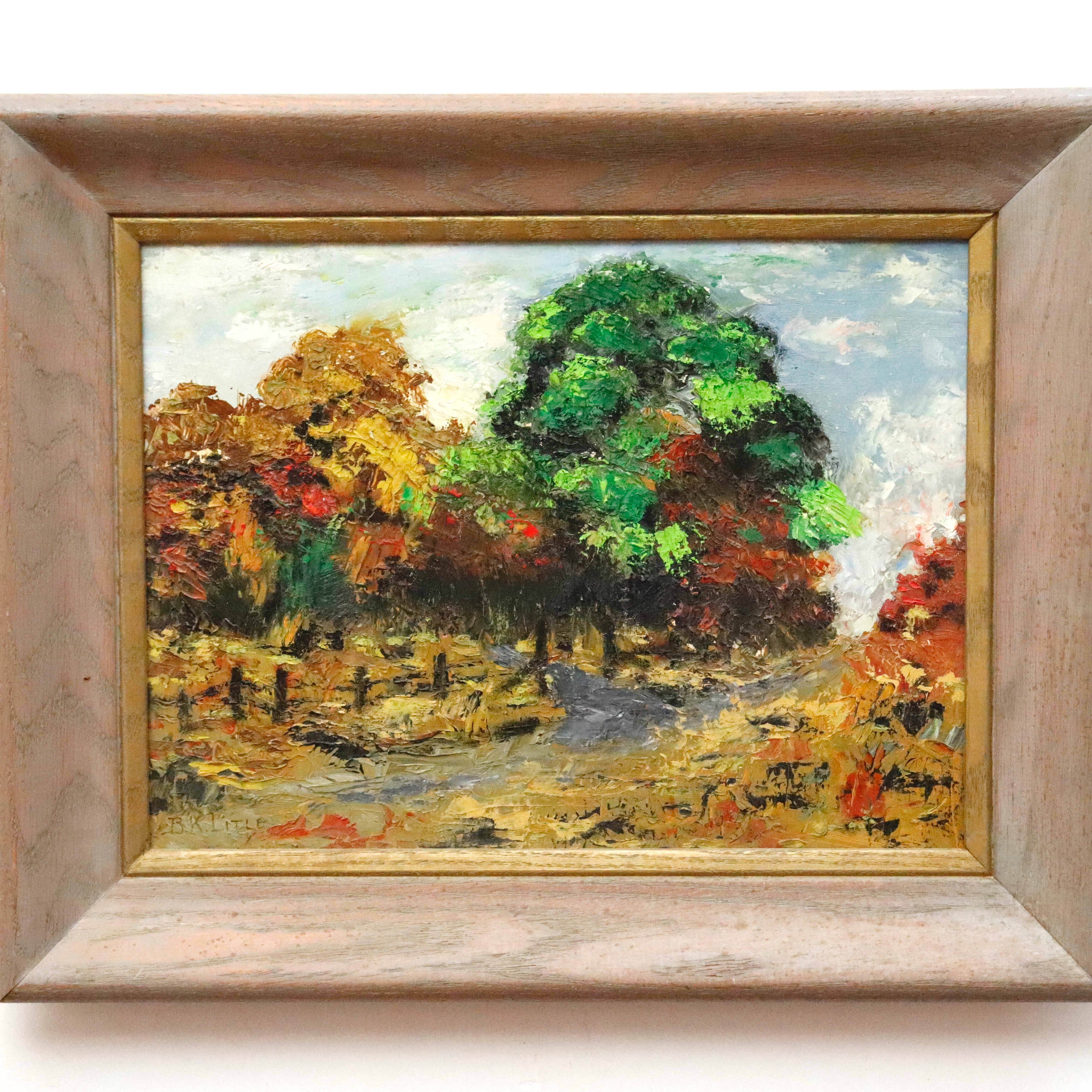 AW961: BK Litle Oil on Masonite Board Landscape Painting Early 20th Century