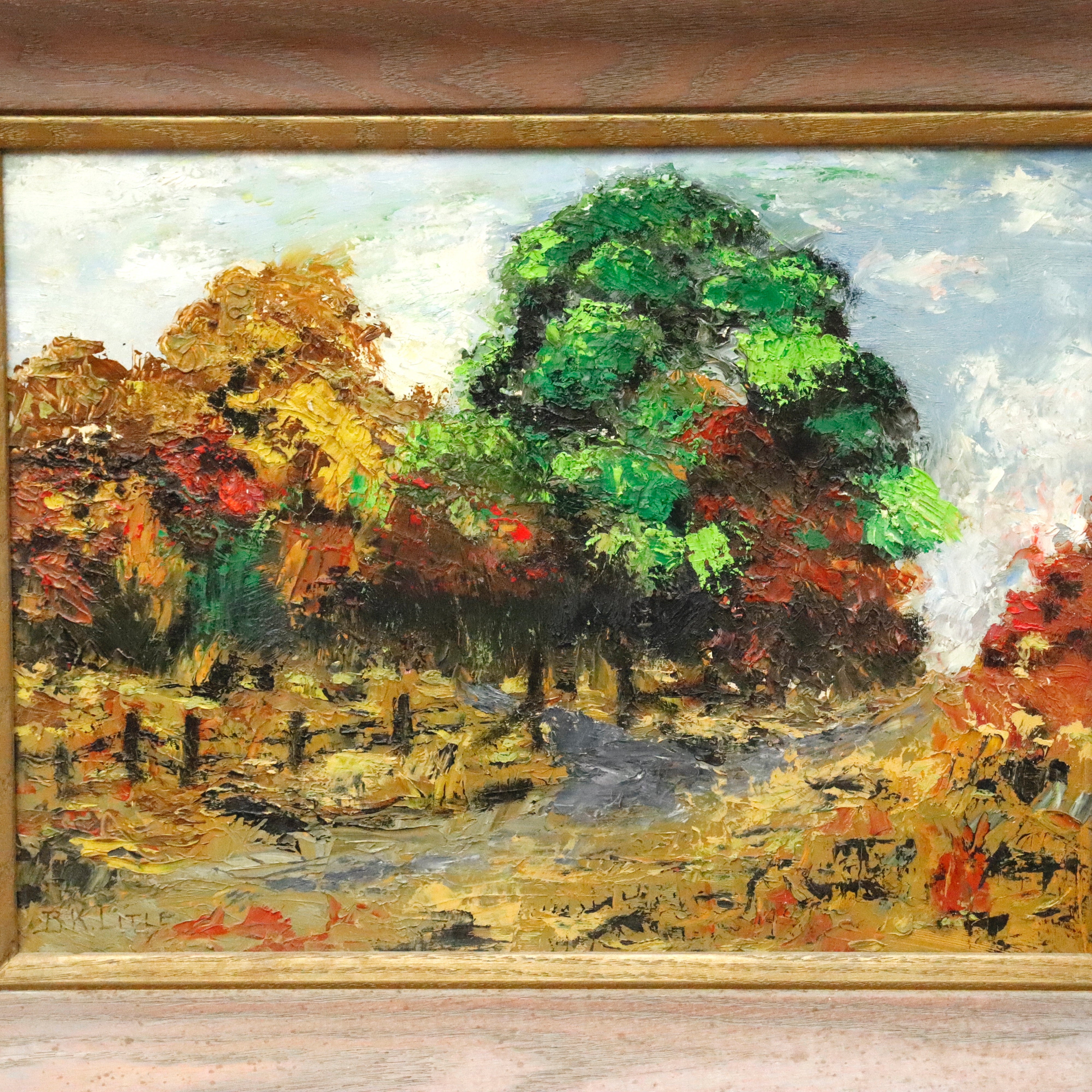 AW961: BK Litle Oil on Masonite Board Landscape Painting Early 20th Century