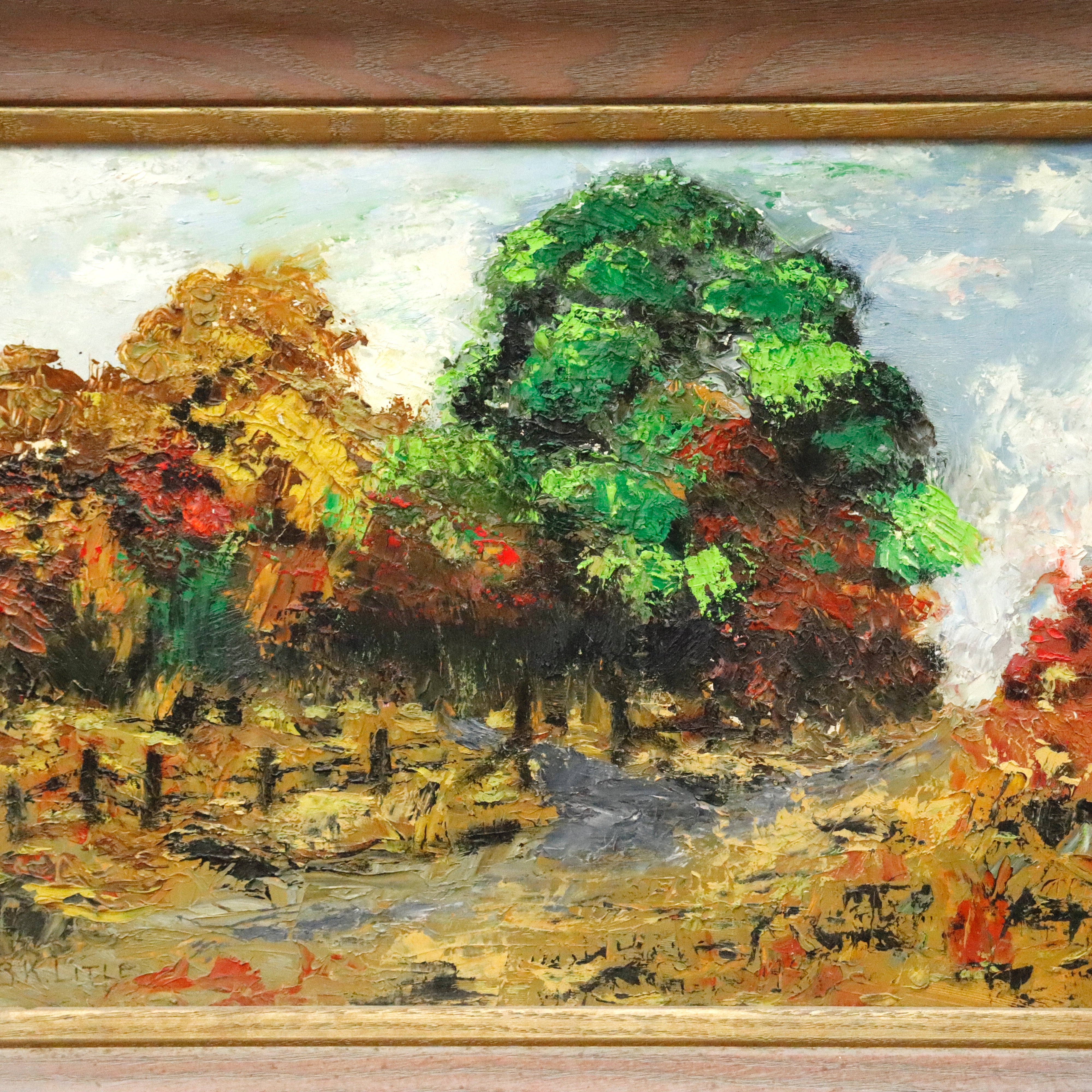 AW961: BK Litle Oil on Masonite Board Landscape Painting Early 20th Century
