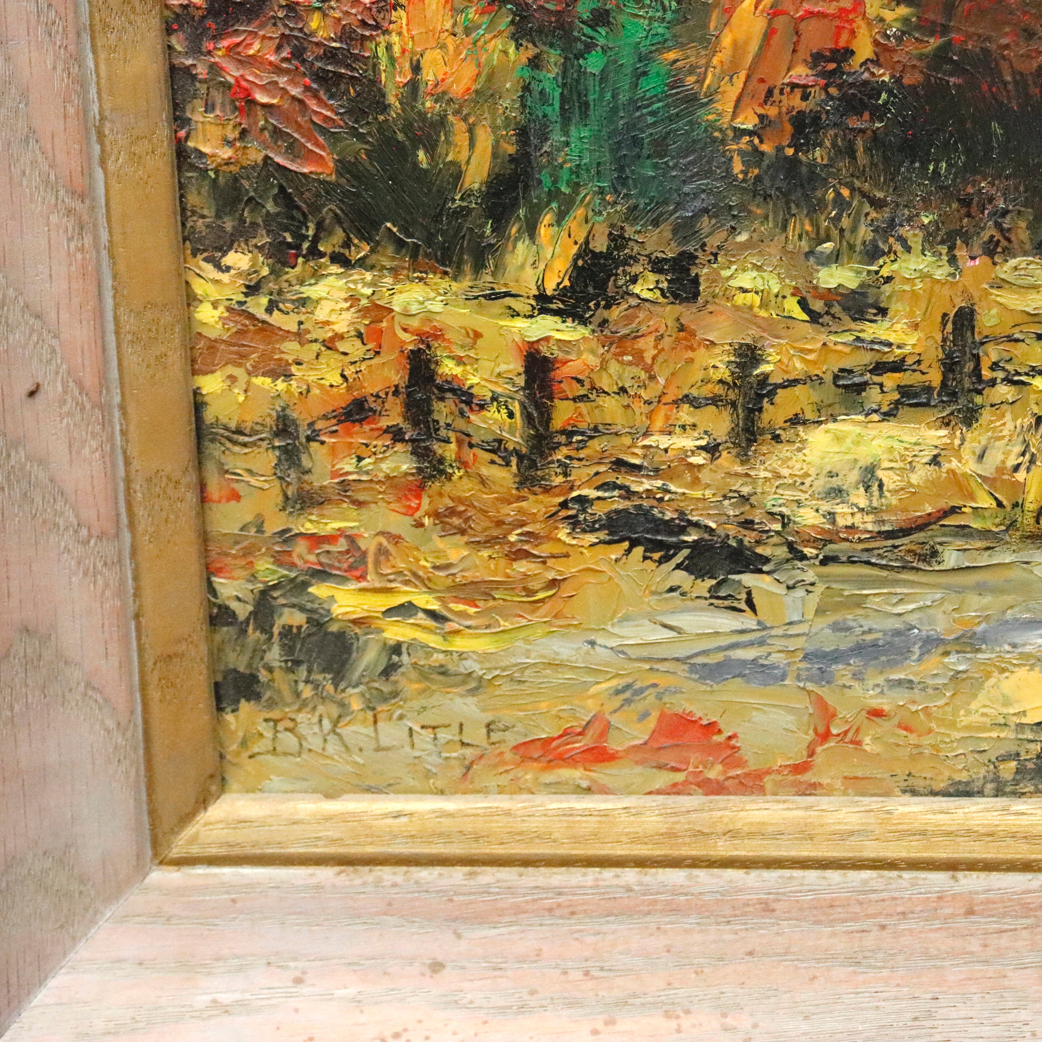 AW961: BK Litle Oil on Masonite Board Landscape Painting Early 20th Century