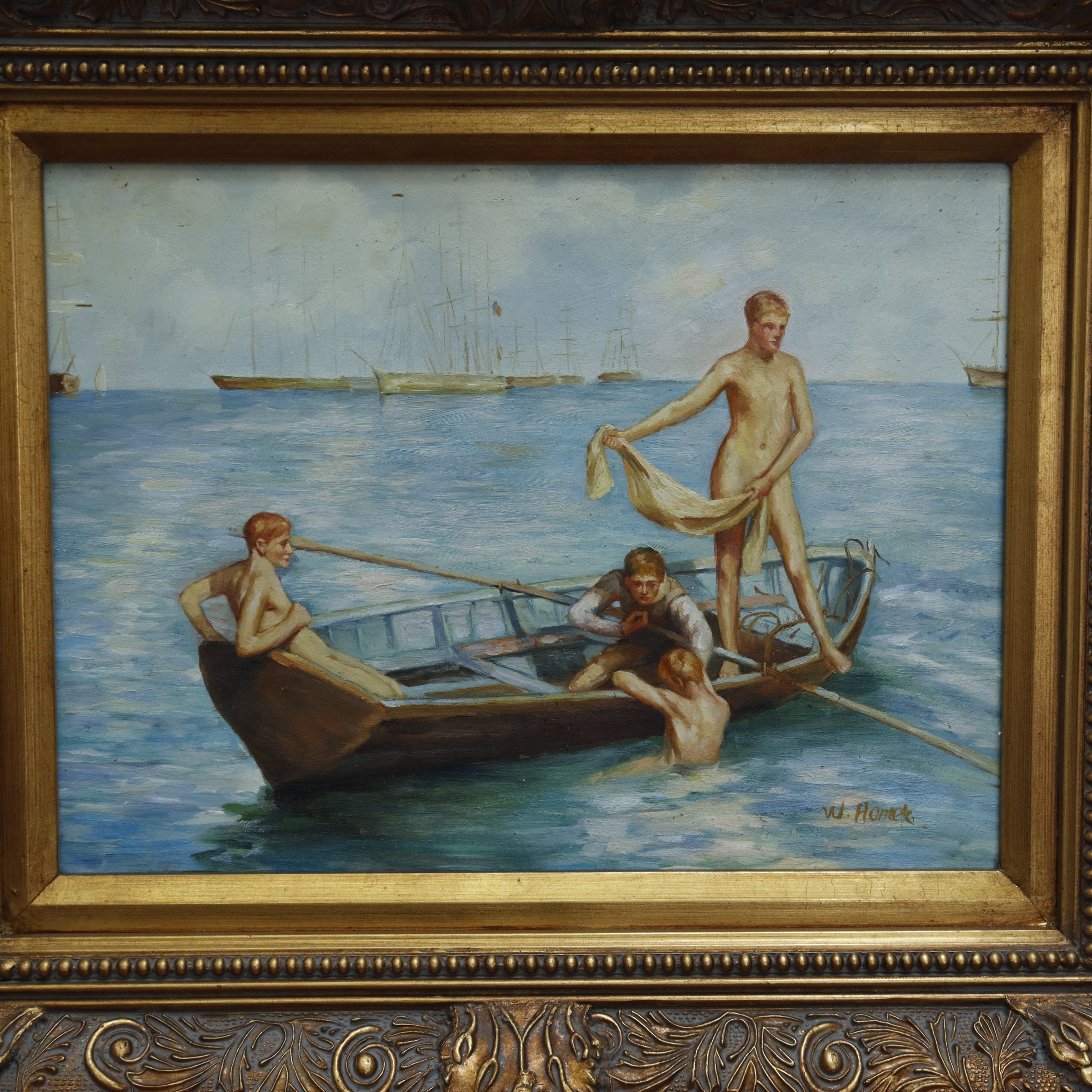 AW956:After Henry Scott Tuke "August Blue" Oil on Board Painting