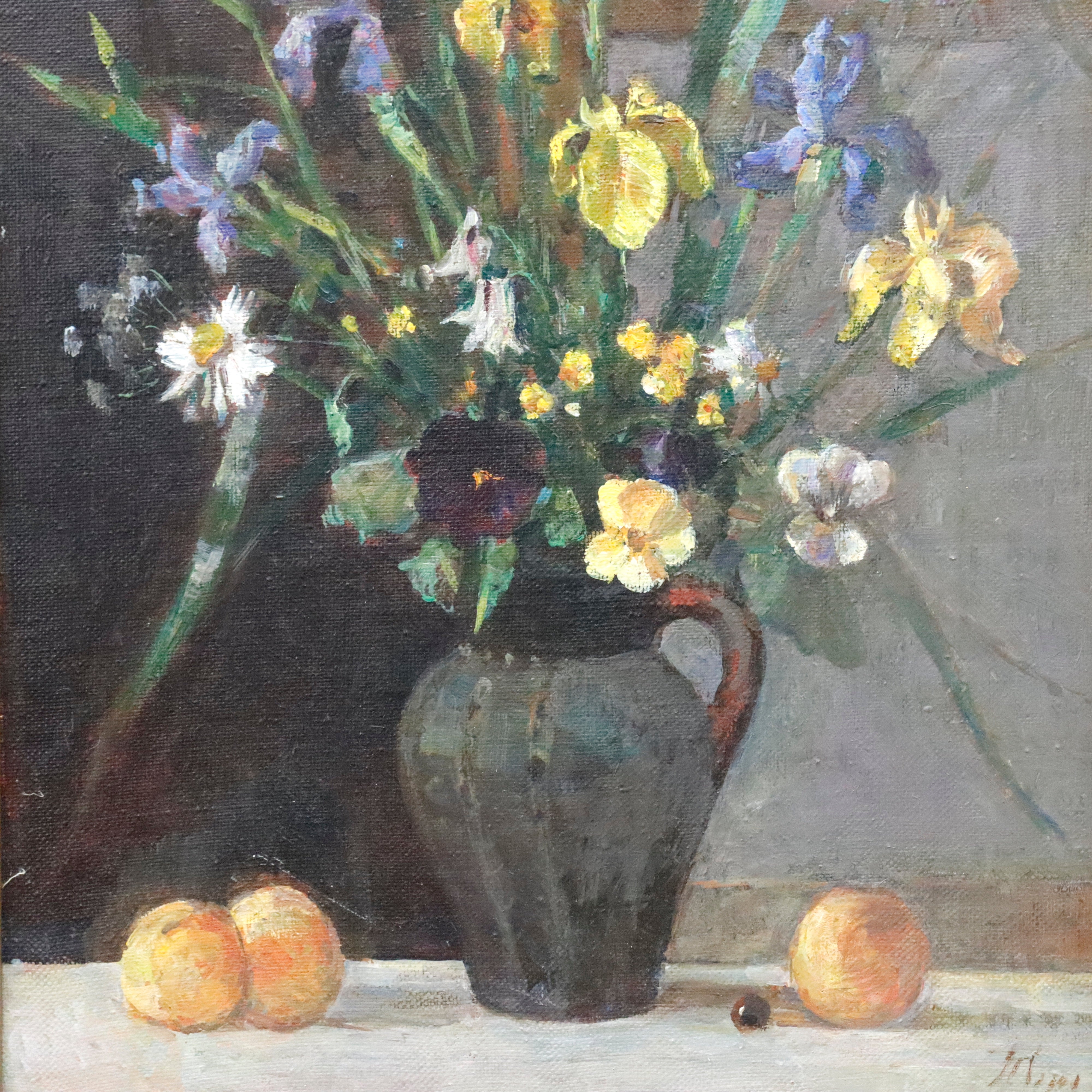 AW307: Tatyana Petrova -Still Life w/ Flowers & Oranges Oil on Canvas Painting