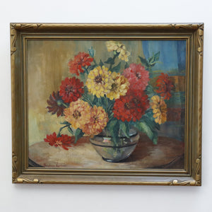 AW963: Barbara Lorimer Lorimer California Artist Still Life of Zinnias Oil on Canvas Painting